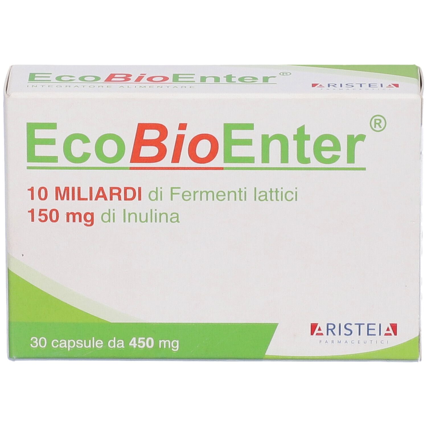 Scatola EcoBioEnter, 10 miliardi Fermenti lattici, 150 mg Inulina. 30 capsule. Marchio Aristeia.