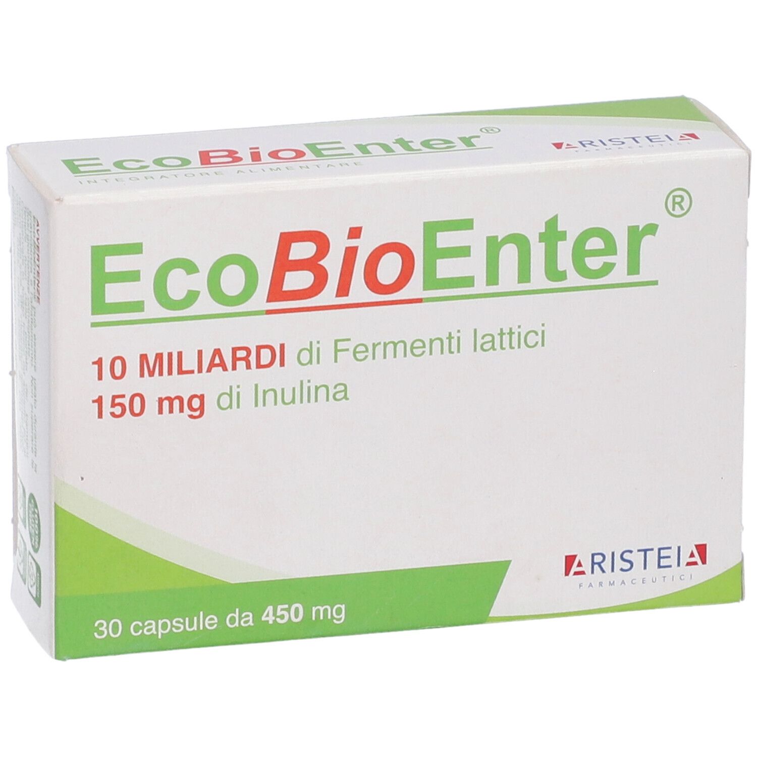 Scatola EcoBioEnter, 10 miliardi Fermenti lattici, 150 mg Inulina. 30 capsule. Marchio Aristeia.