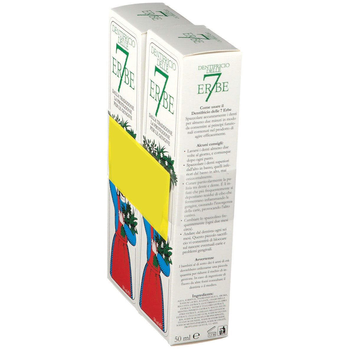 Due scatole di dentifricio "7 Erbe". Testo italiano. Adesivo giallo che copre il testo. Vista laterale con informazioni e illustrazioni.
