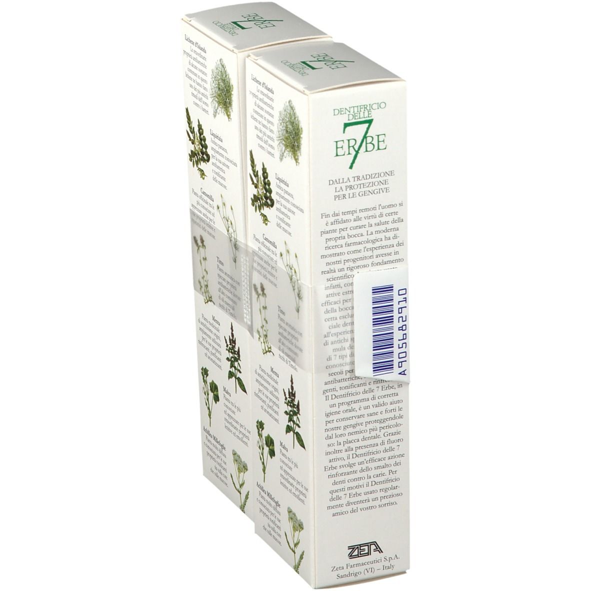 Due scatole di dentifricio "7 Erbe". Vista laterale con testo e illustrazioni di erbe. Testo italiano. Codice a barre.