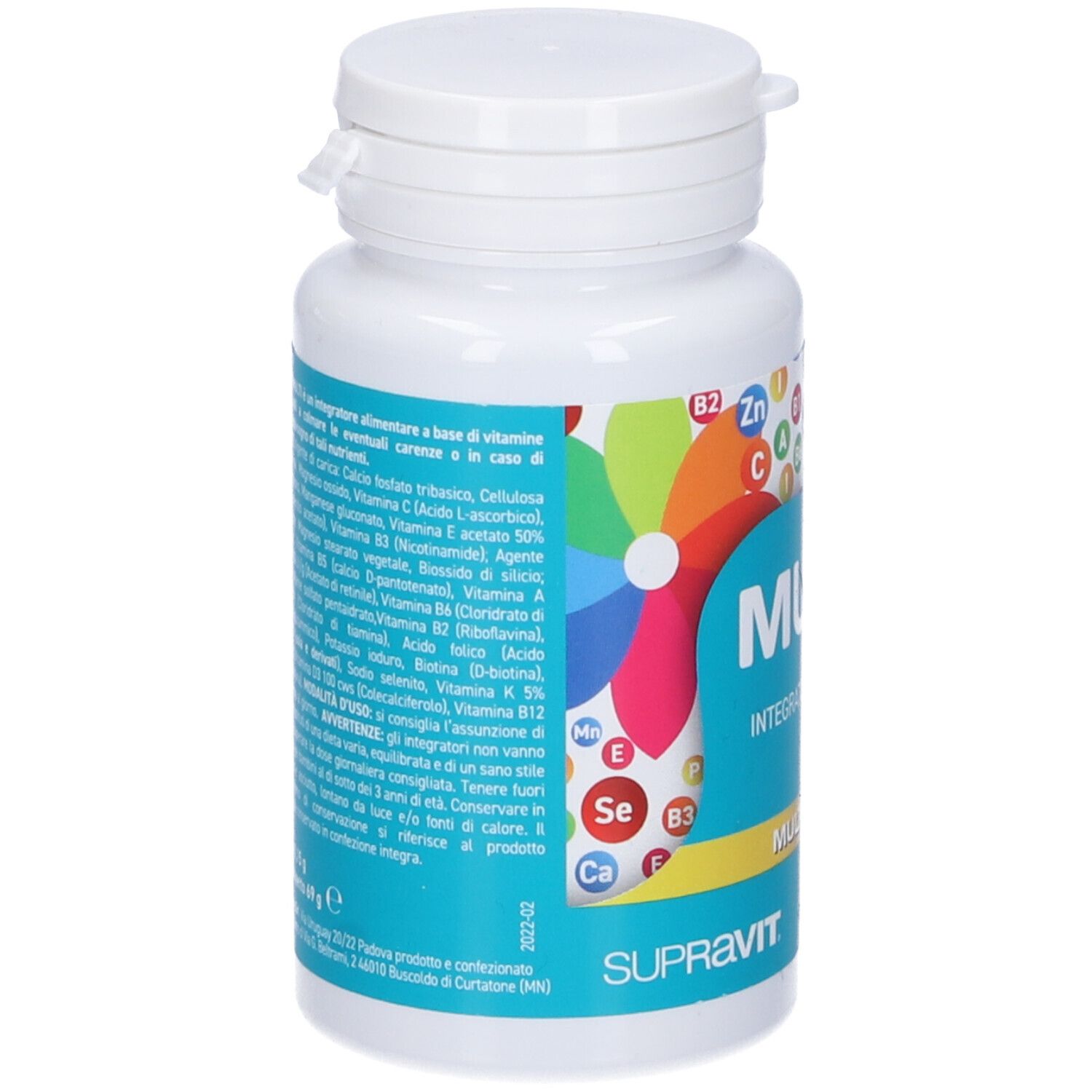 Flacone bianco con testo. Scritta "MULTI", "60 compresse", e "Supravit".