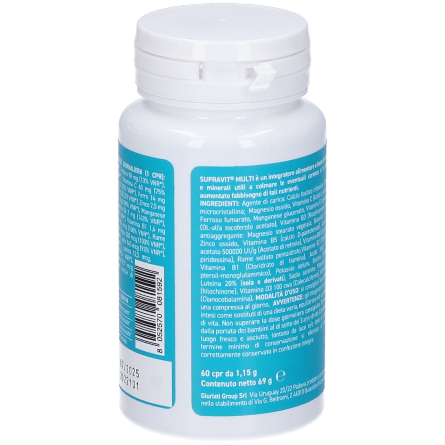 Flacone bianco con testo. Scritta "MULTI", "60 compresse", e "Supravit".