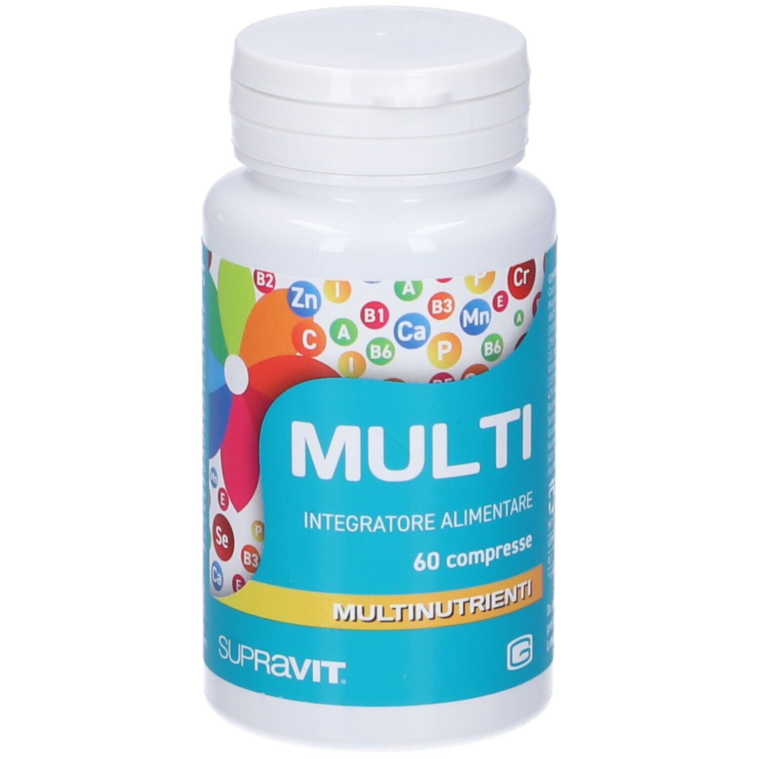 Flacone bianco con fascia blu. Scritta "MULTI", "60 compresse", e "Supravit".