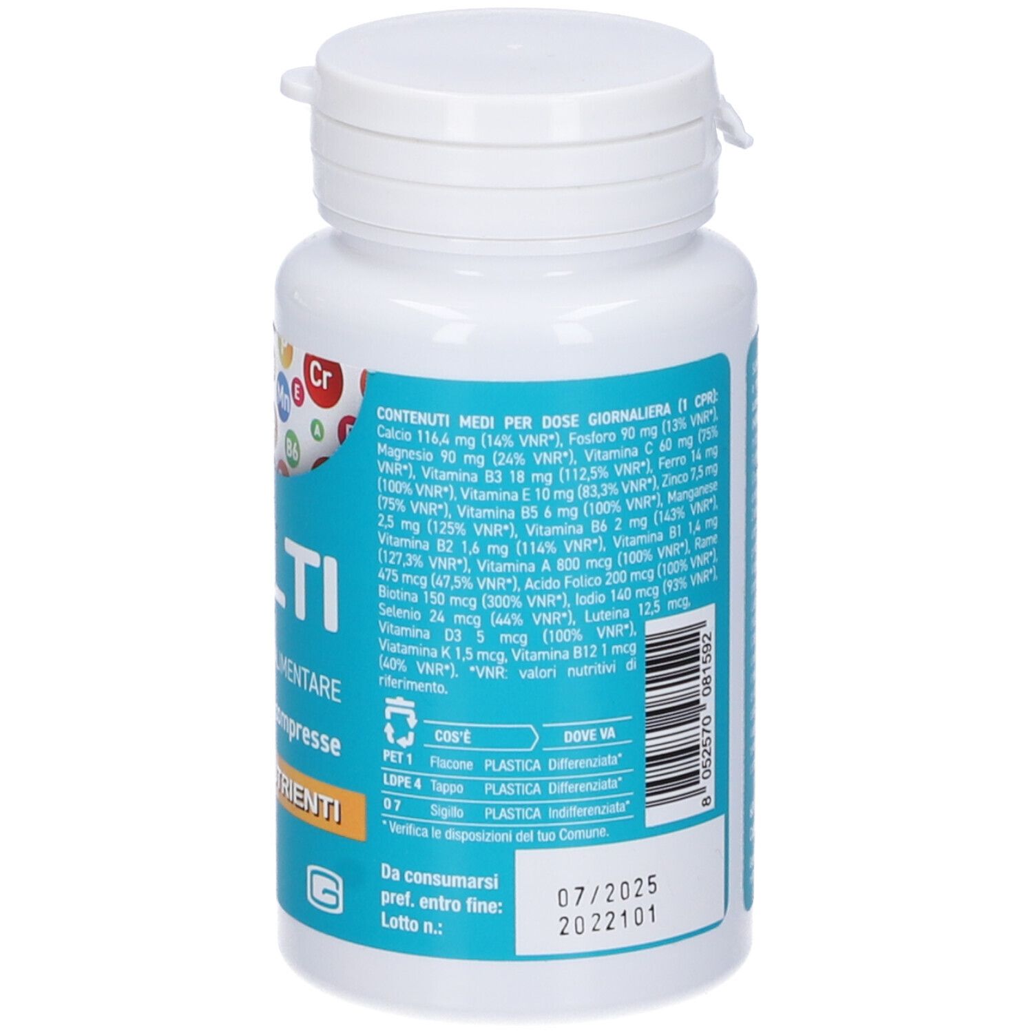 Flacone bianco con testo. Scritta "MULTI", "60 compresse", e "Supravit".