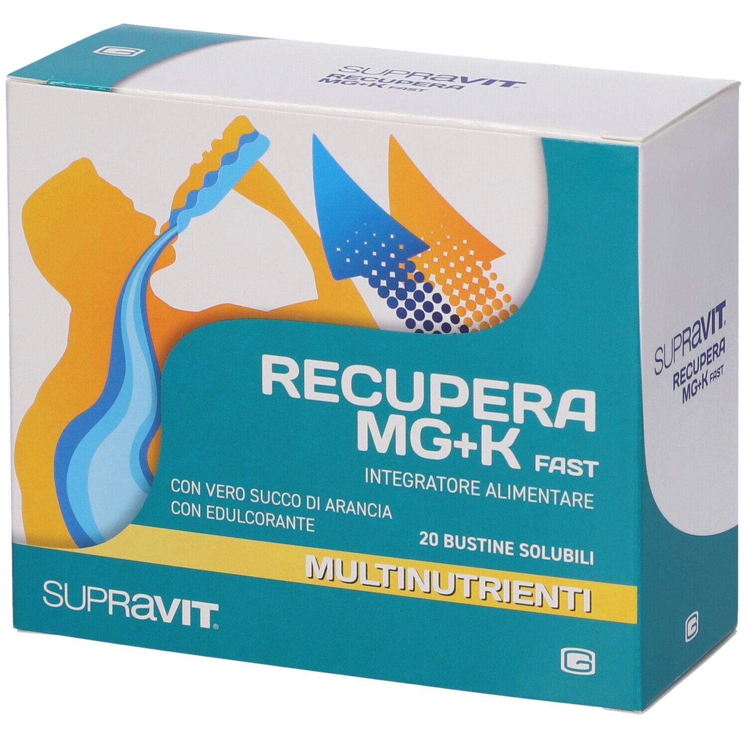 Scatola Supravit Mg+K Fast. Scritta: Recupera MG+K, 20 bustine solubili. Con succo d'arancia. Design verde e bianco.