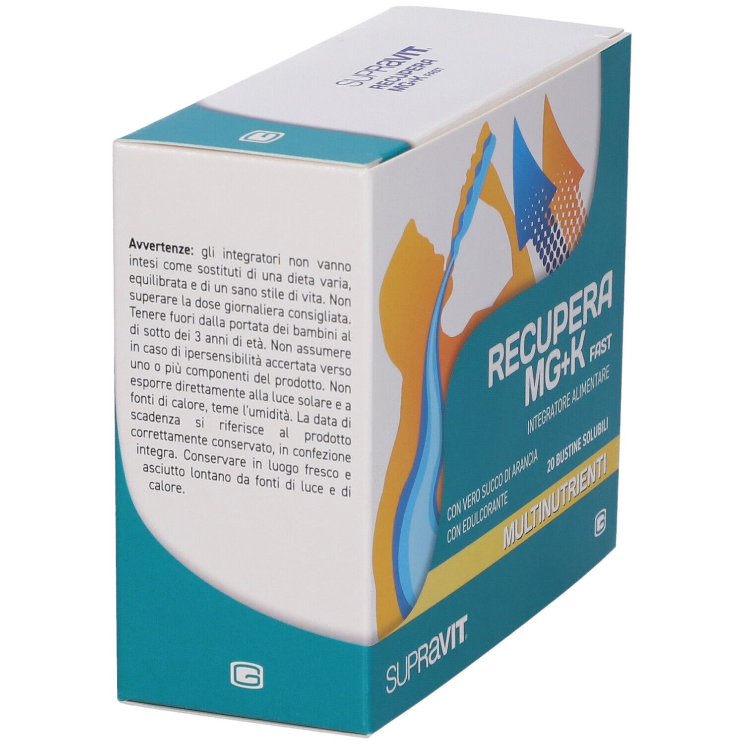 Scatola Supravit Mg+K Fast. Scritta: Recupera MG+K, 20 bustine solubili. Con succo d'arancia. Design verde e bianco.