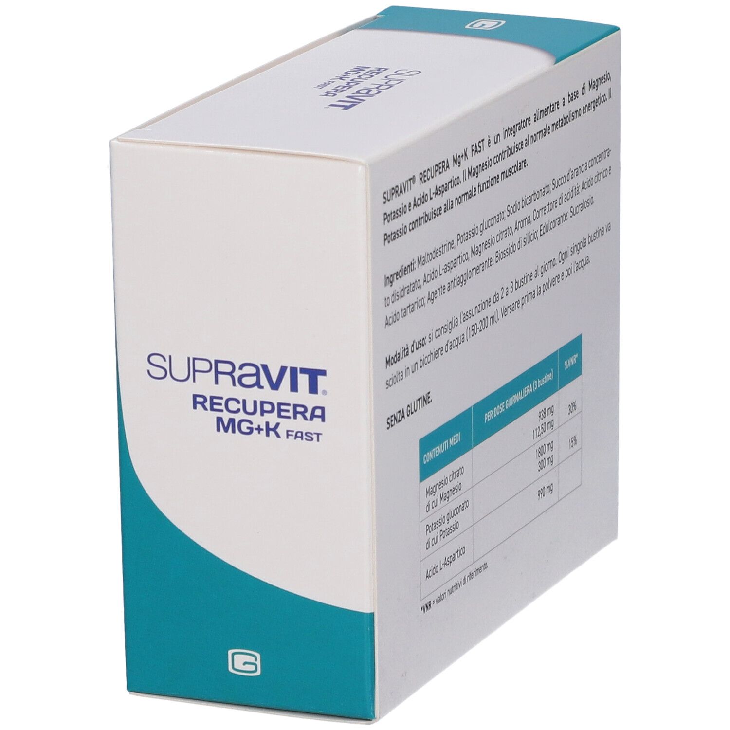 Retro della scatola Supravit Mg+K Fast. Testo con ingredienti e istruzioni per l'uso. Design verde e bianco.