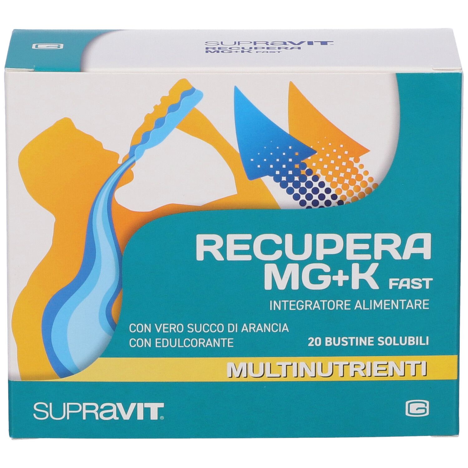 Scatola Supravit Mg+K Fast. Scritta: Recupera MG+K, 20 bustine solubili. Con succo d'arancia. Design verde e bianco.