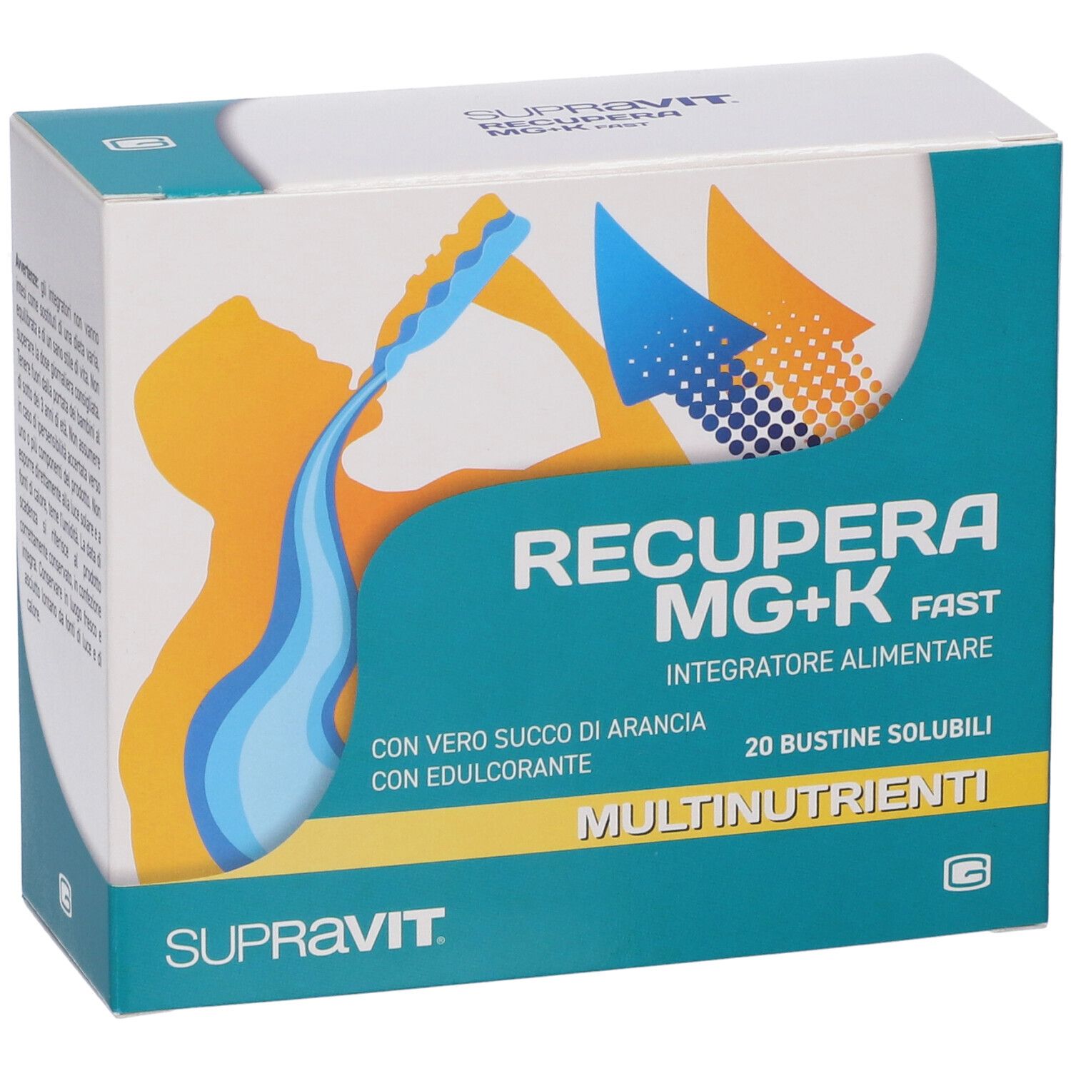 Scatola Supravit Mg+K Fast. Scritta: Recupera MG+K, 20 bustine solubili. Con succo d'arancia. Design verde e bianco.
