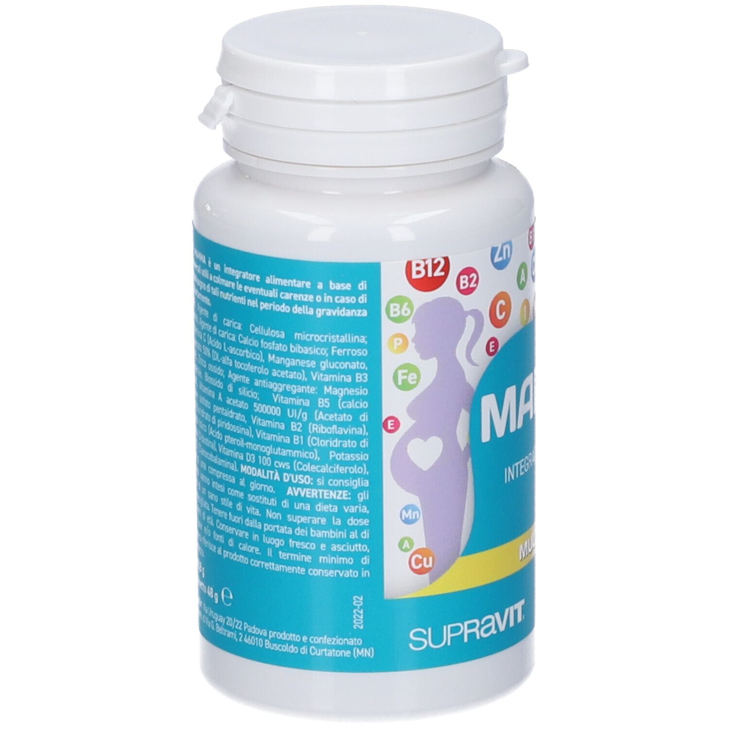 Flacone bianco con fascia blu. Retro con testo. Marchio: Supravit. Contiene vitamine e minerali.