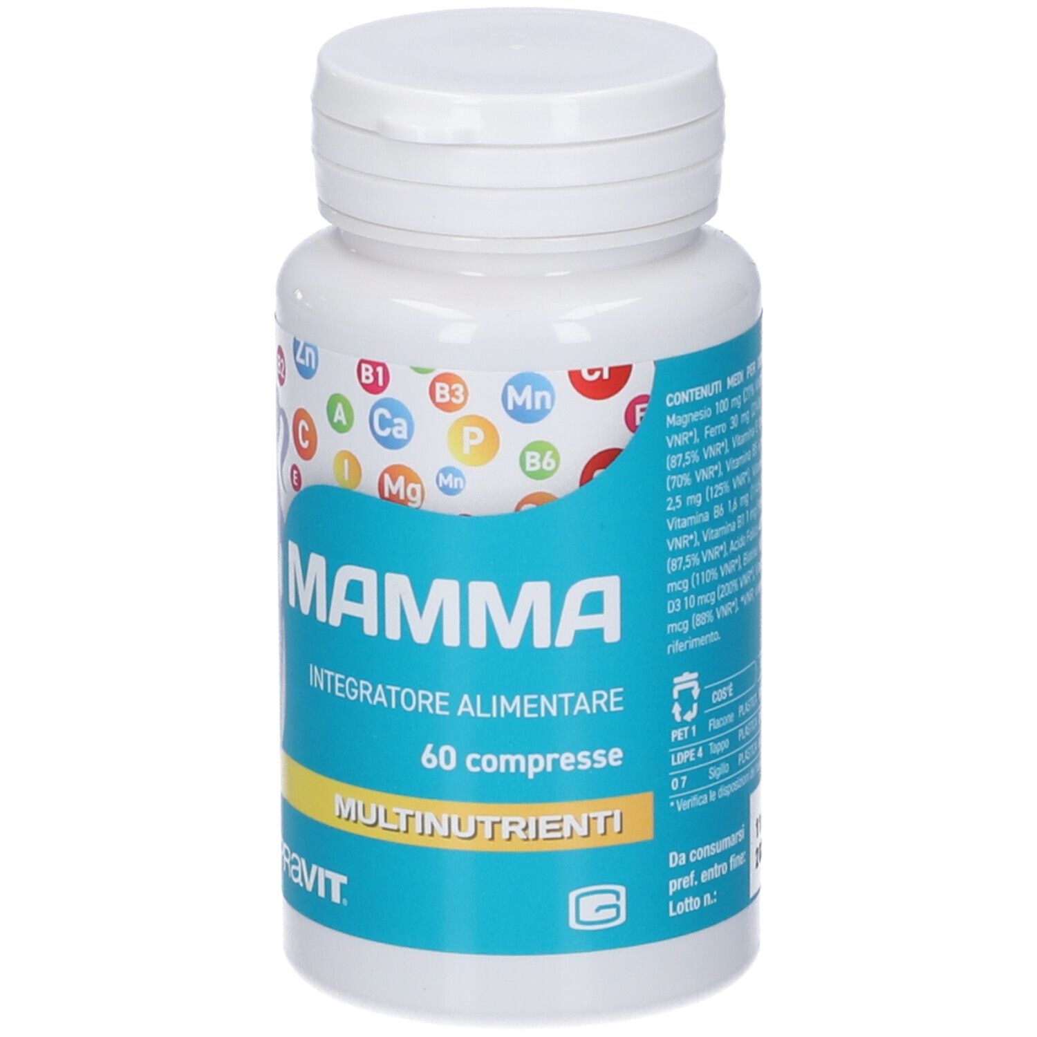 Flacone bianco con fascia blu. Scritta: Mamma, 60 compresse, multivitaminico. Marchio: Supravit.