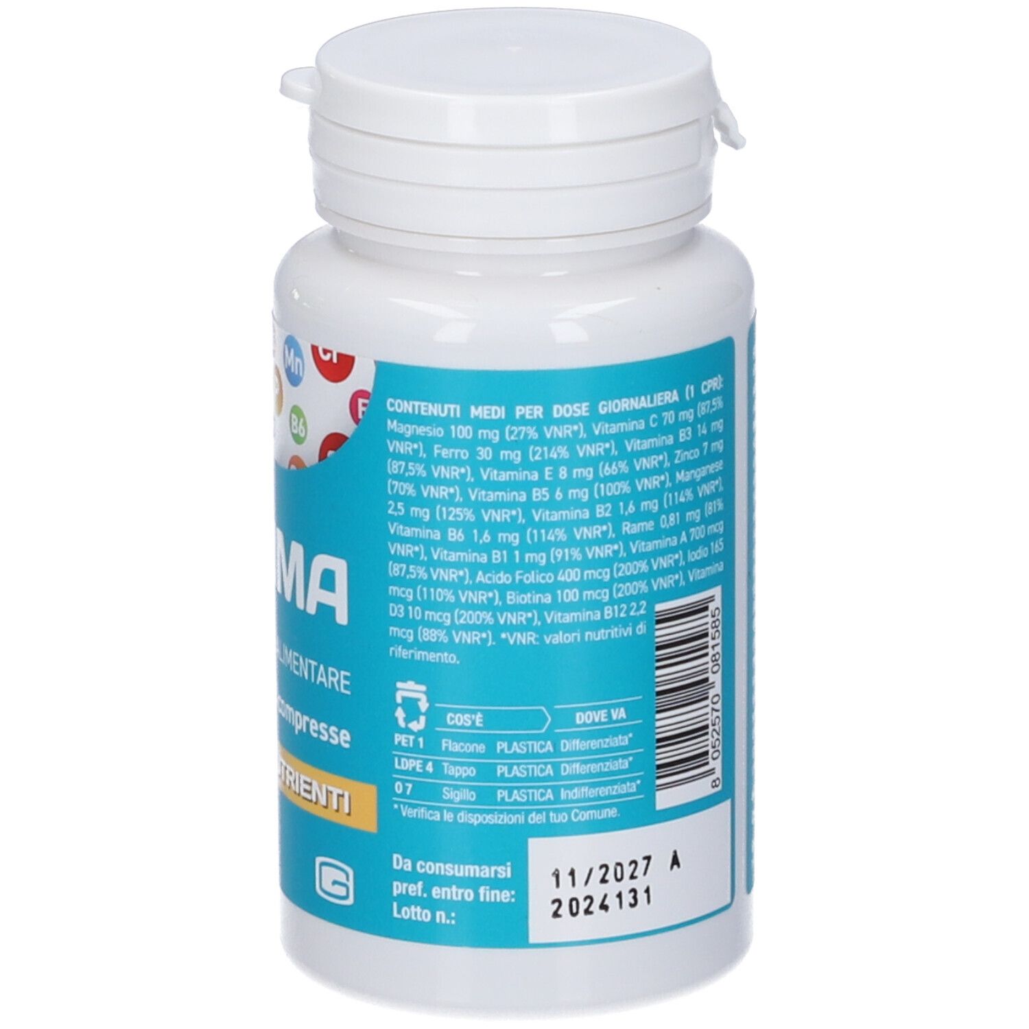 Flacone bianco con fascia blu. Scritta: Mamma, 60 compresse, multivitaminico. Marchio: Supravit.