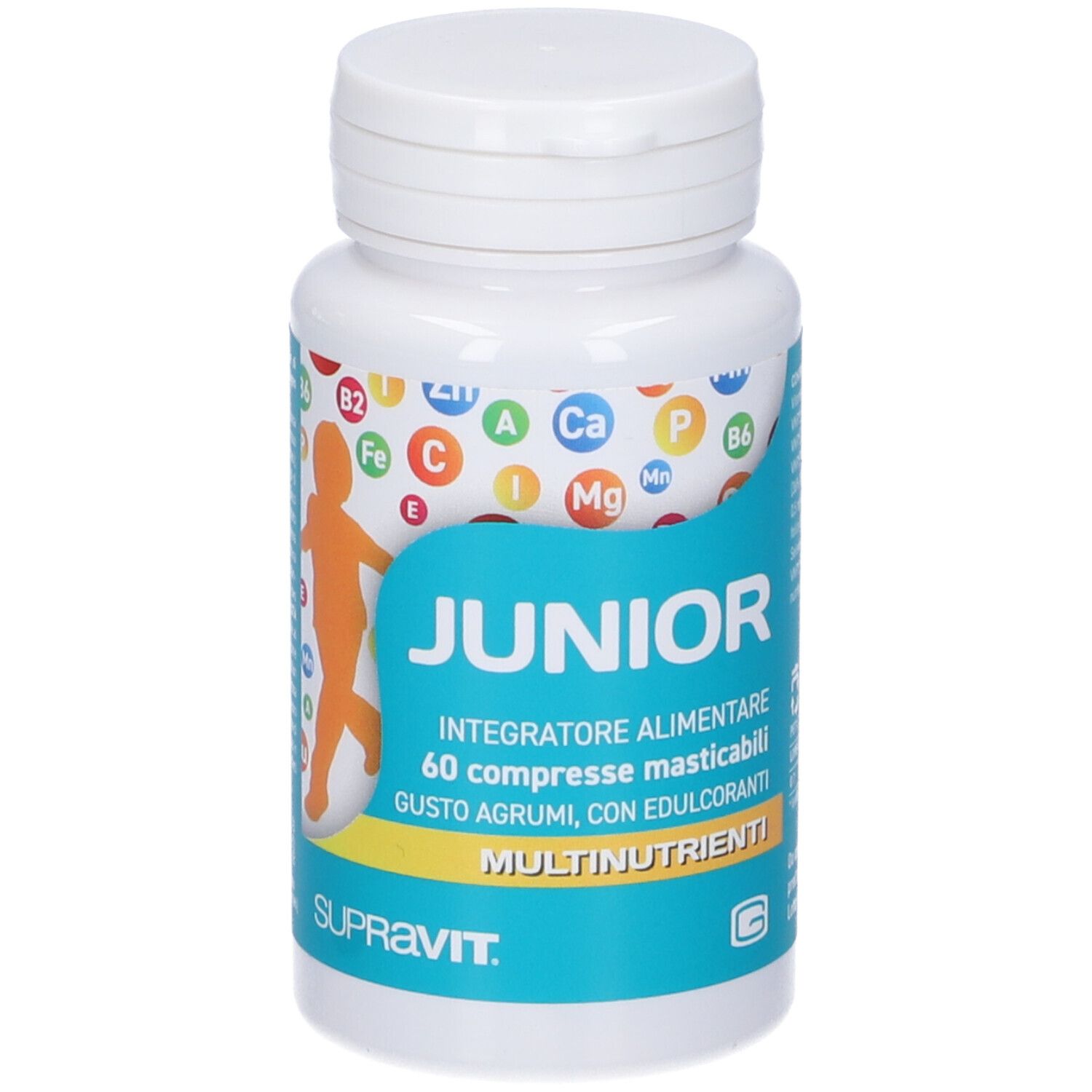 Flacone bianco con scritta 'JUNIOR' e 'SUPRAVIT'. Contiene 60 compresse masticabili. Silhouette di bambino sull'etichetta.