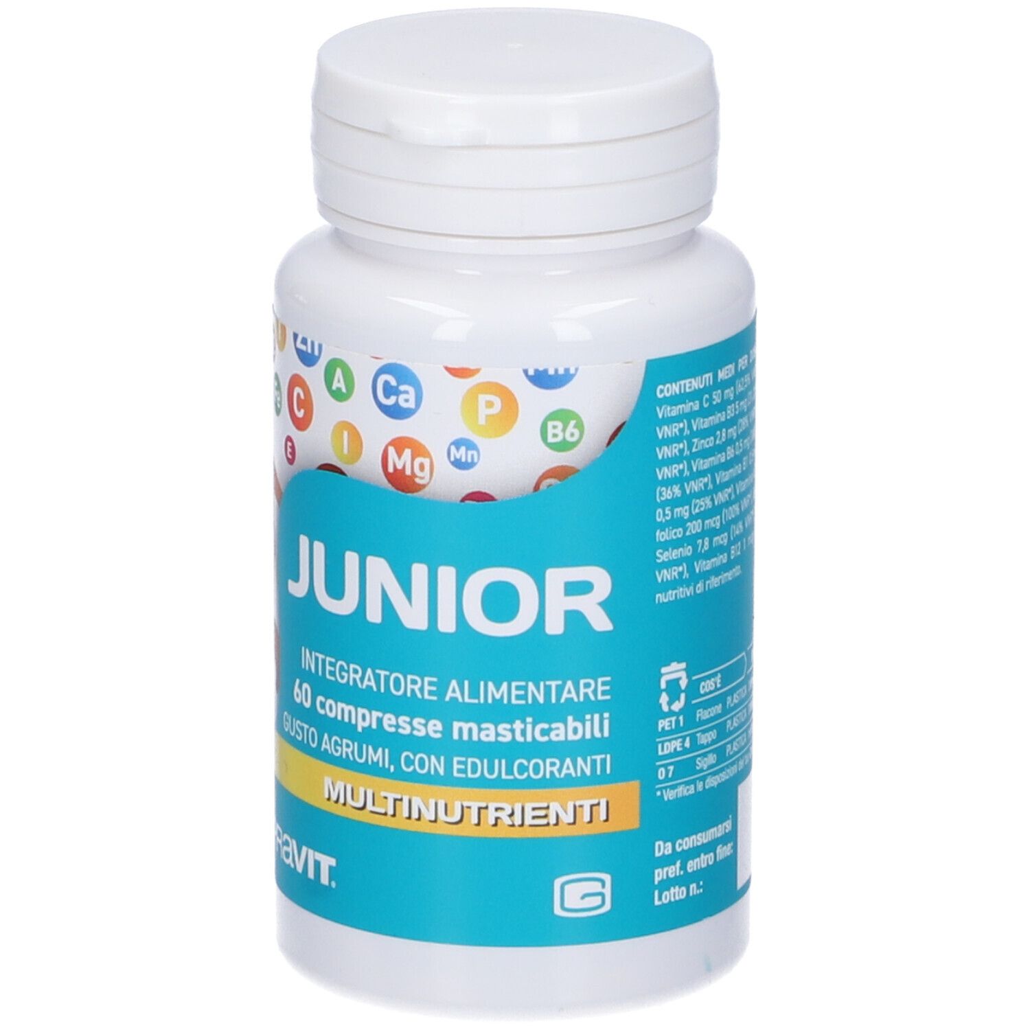Flacone bianco con scritta 'JUNIOR' e 'SUPRAVIT'. Contiene 60 compresse masticabili. Silhouette di bambino sull'etichetta.