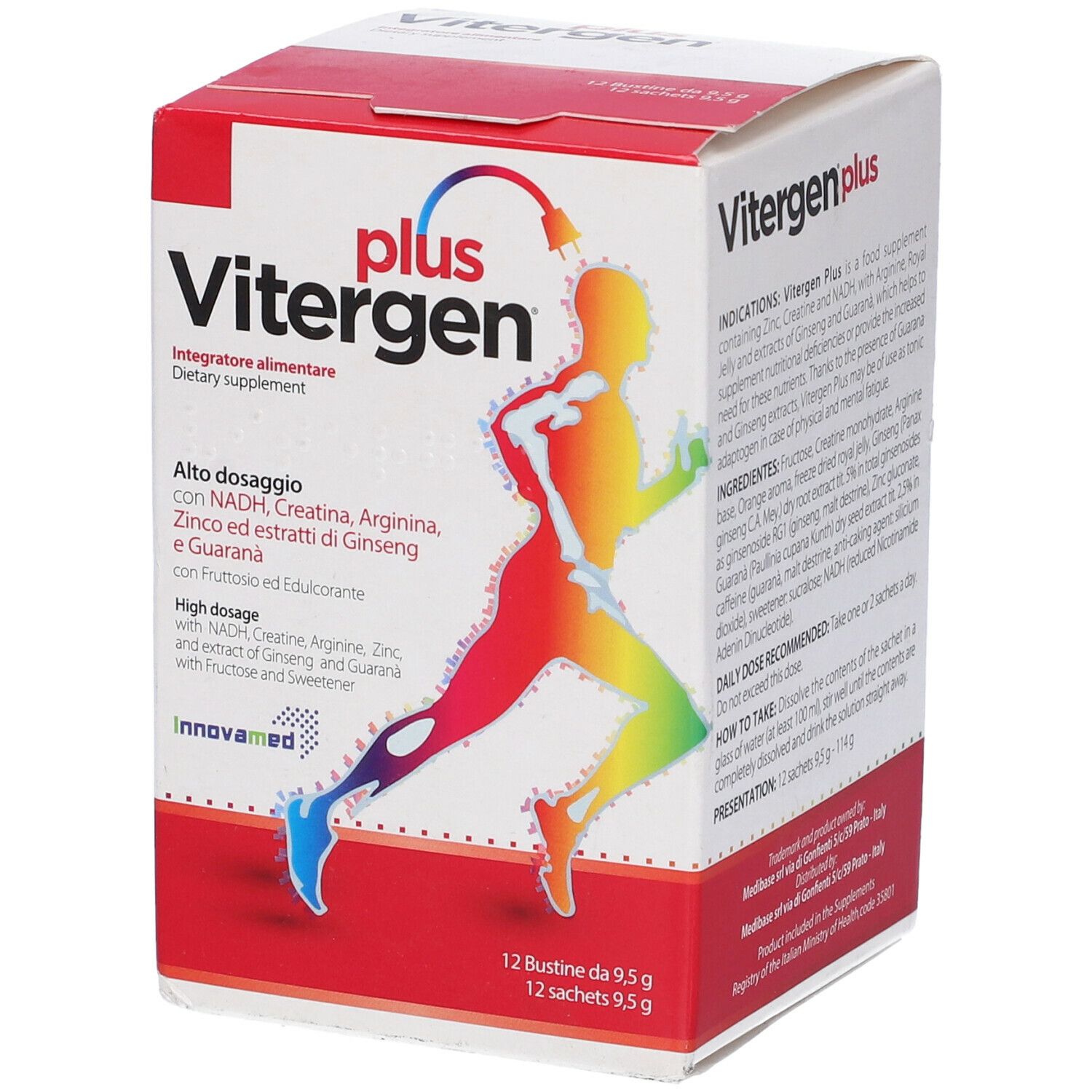 Confezione Vitergen Plus. Contiene 12 bustine. Ingredienti, dosaggio, istruzioni. Contiene NADH, creatina, arginina, zinco.