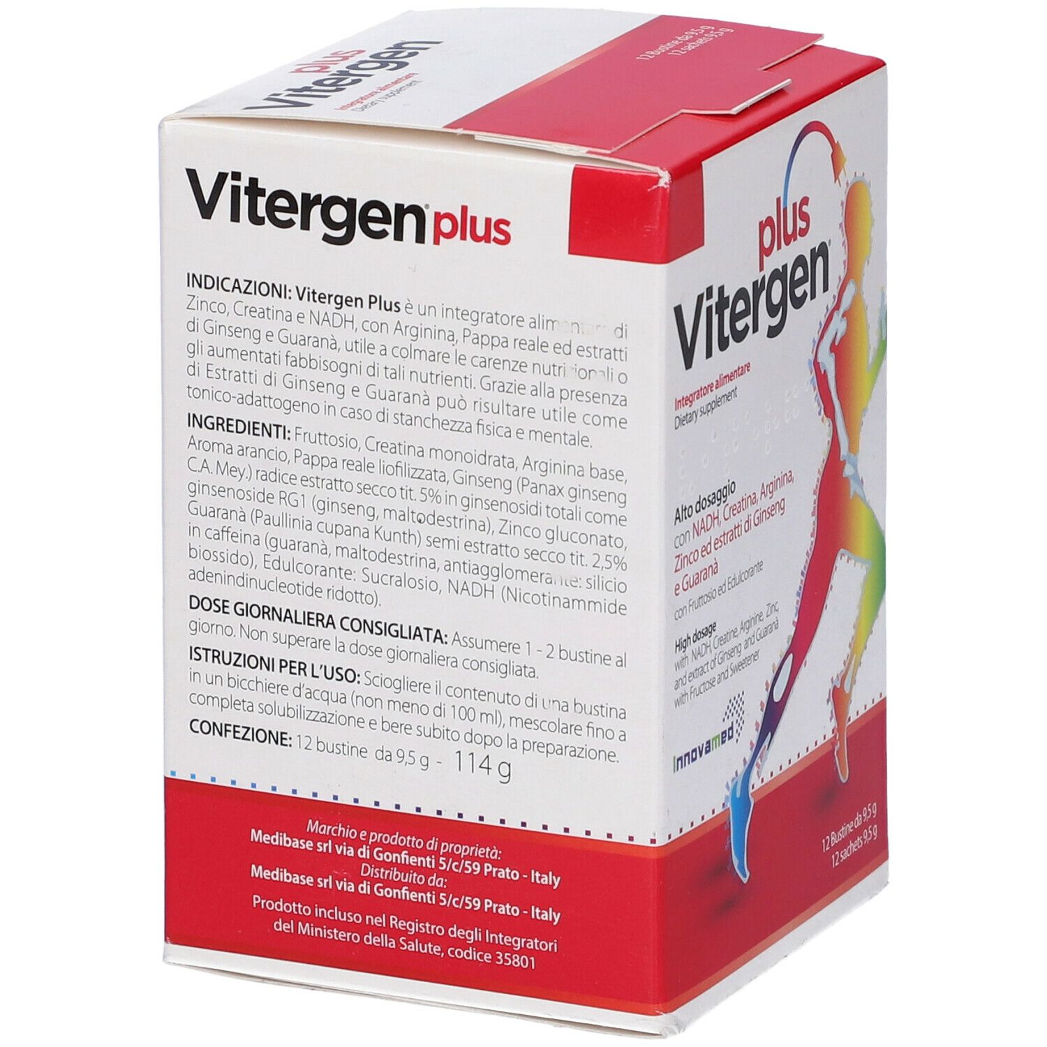 Confezione Vitergen Plus. Contiene 12 bustine. Ingredienti, dosaggio, istruzioni. Contiene NADH, creatina, arginina, zinco.