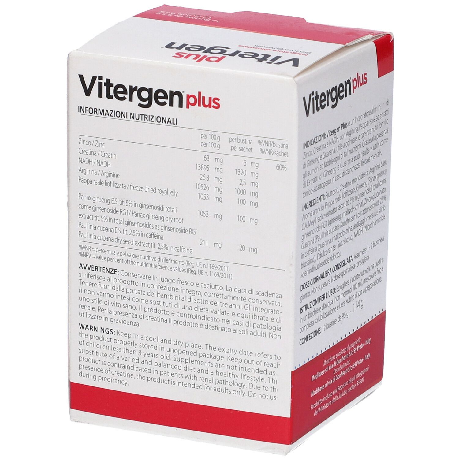 Confezione Vitergen Plus. Contiene 12 bustine. Informazioni nutrizionali. Contiene zinco, creatina, NADH, arginina.