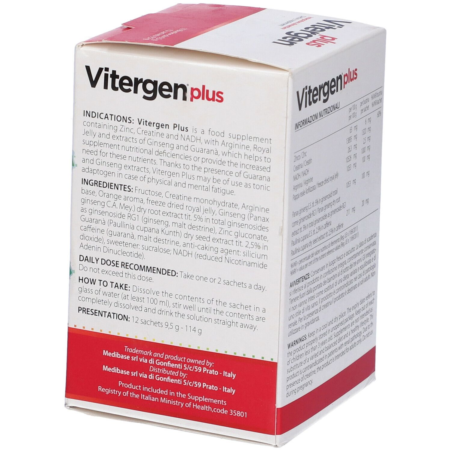 Confezione Vitergen Plus. Contiene 12 bustine. Ingredienti, dosaggio, istruzioni. Contiene NADH, creatina, arginina, zinco.