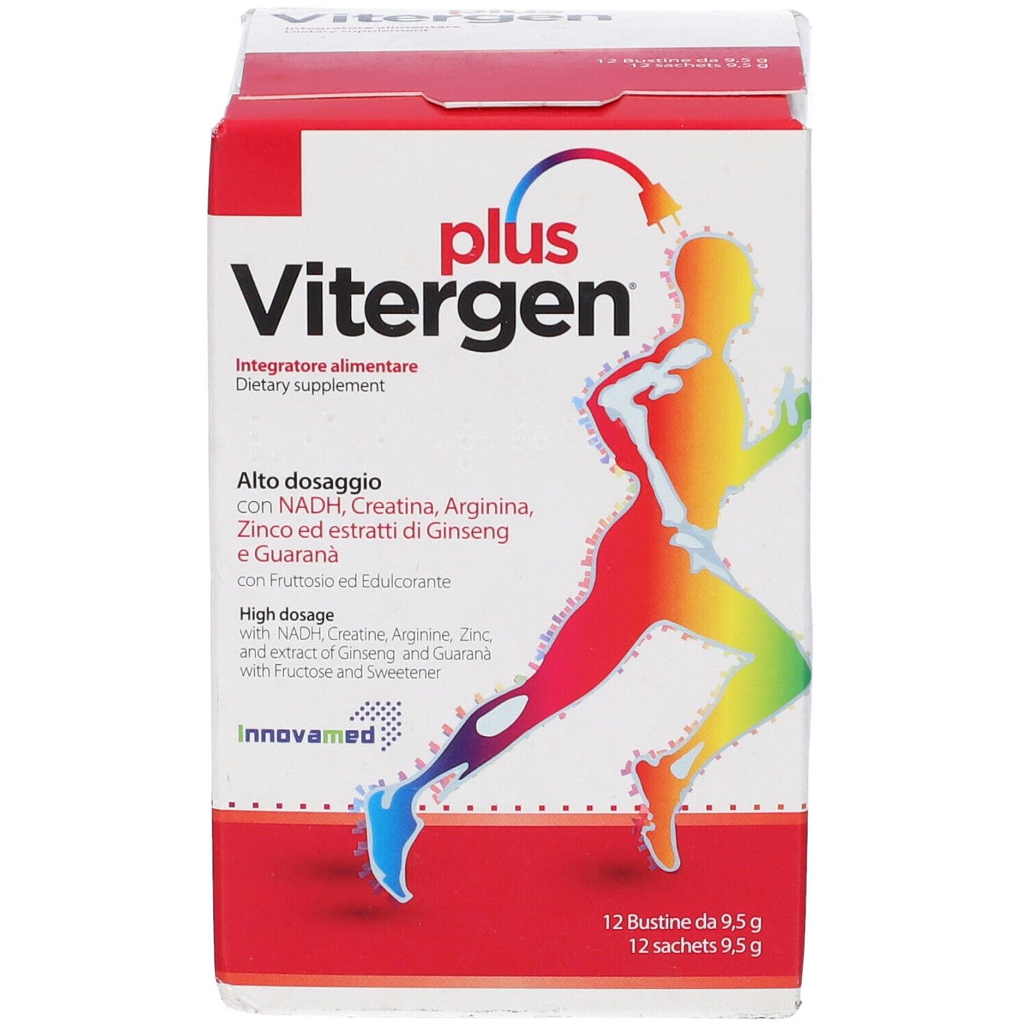 Scatola di Vitergen Plus. Contiene 12 bustine. Contiene NADH, creatina, arginina, zinco ed estratti di ginseng e guaranà.