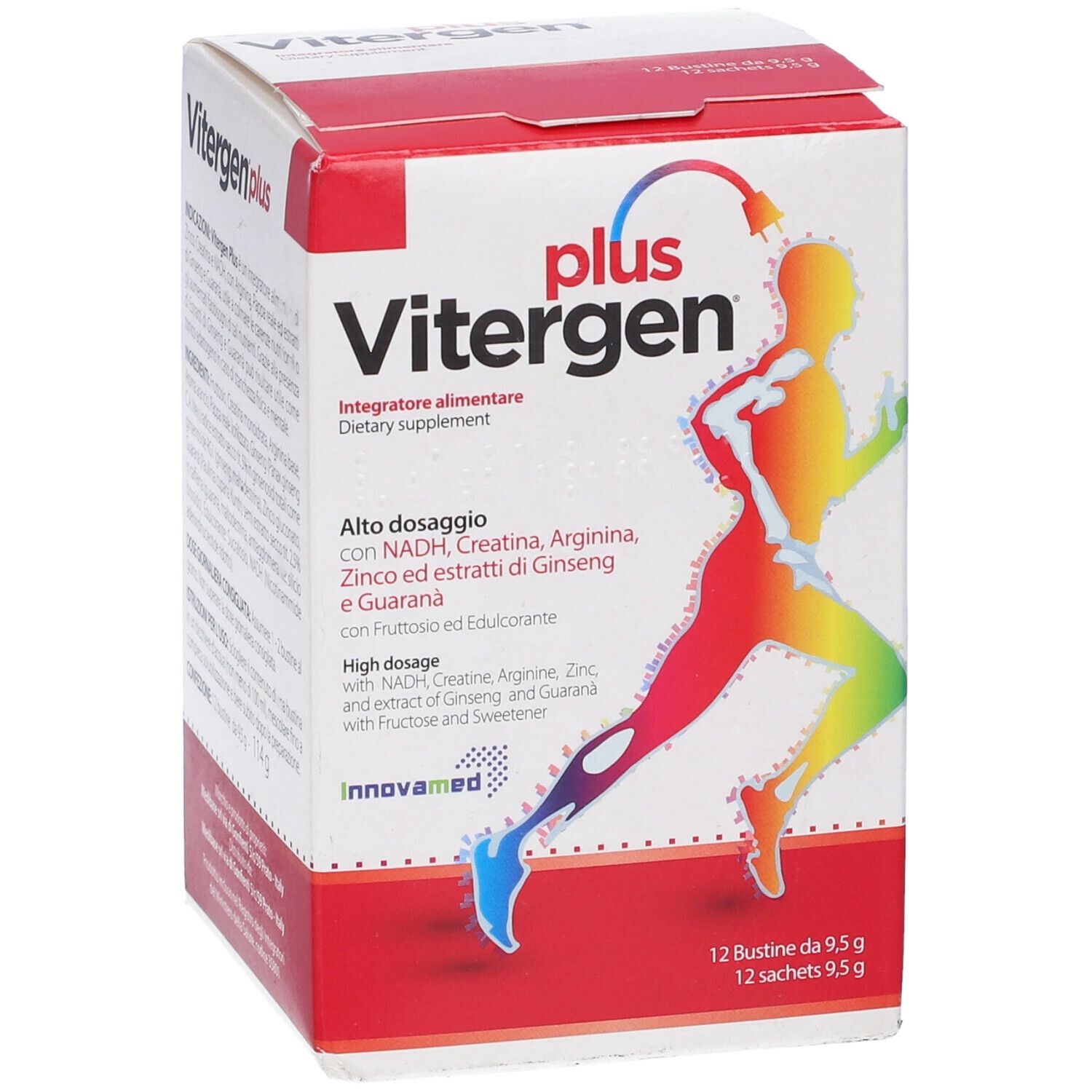 Scatola di Vitergen Plus. Contiene 12 bustine. Contiene NADH, creatina, arginina, zinco ed estratti di ginseng e guaranà.