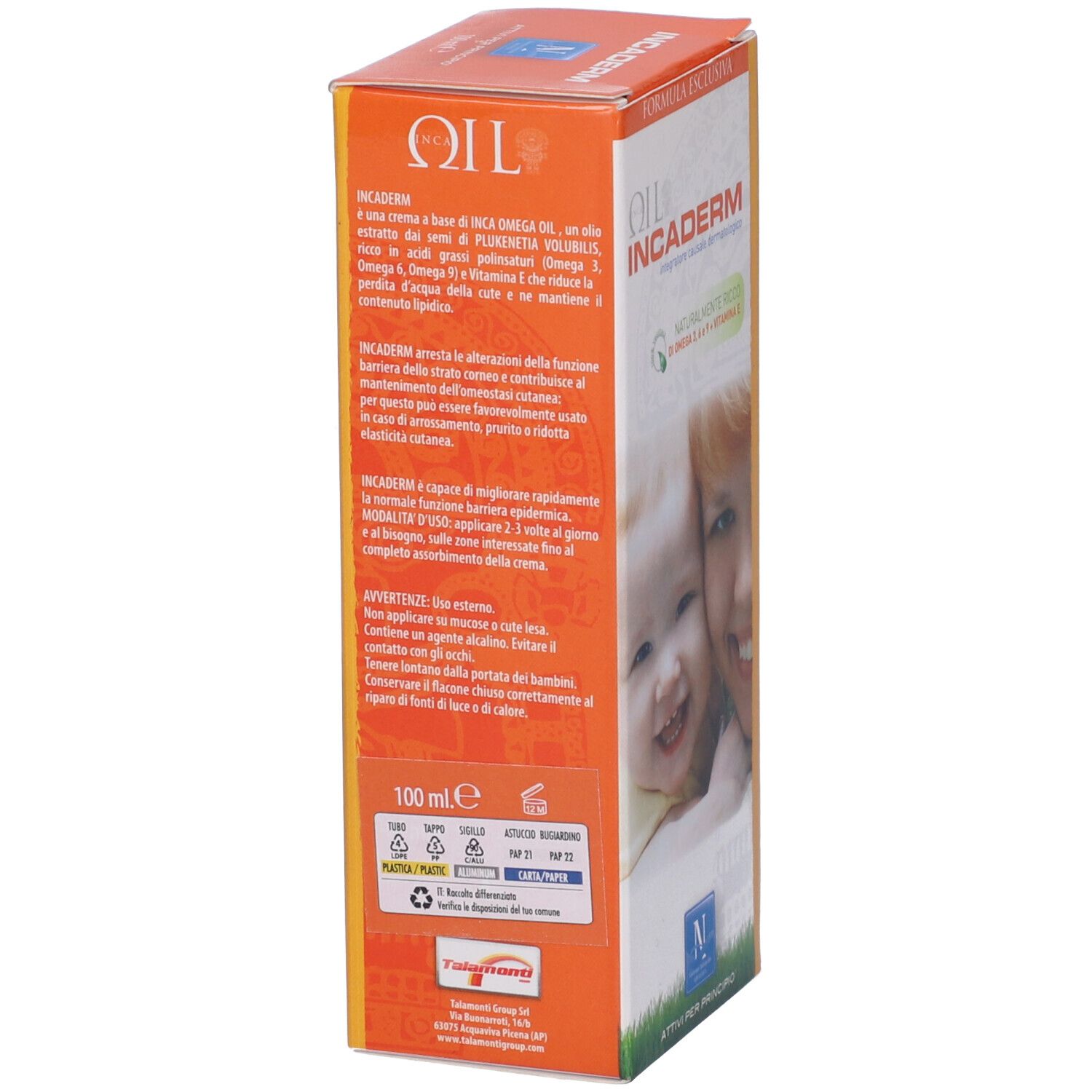Confezione del prodotto. Scritta: Incaderm. Contiene Omega 3, 6, 9 e vitamina E. Retro con testo e informazioni.