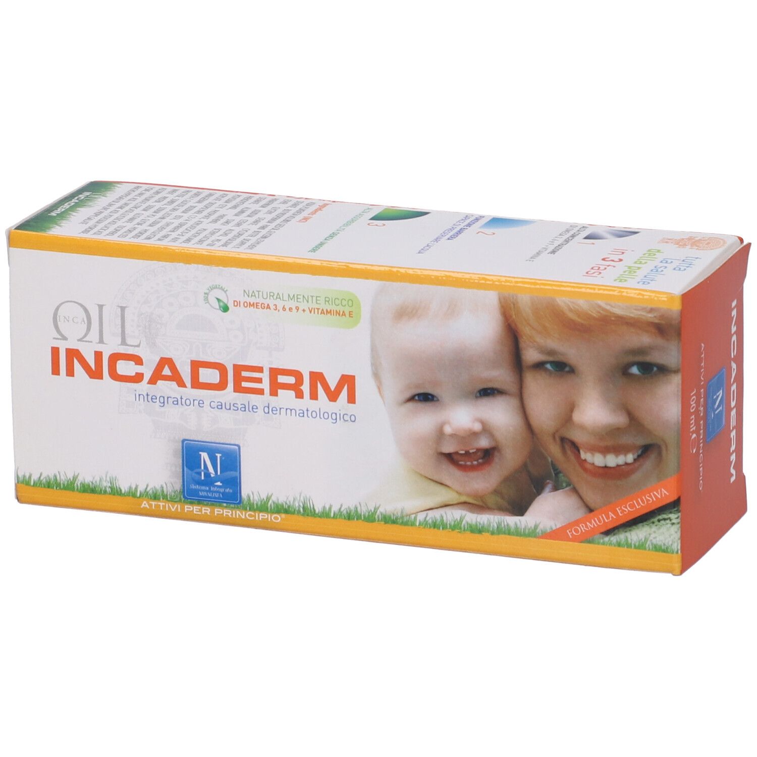 Confezione del prodotto. Scritta: Incaderm. Contiene Omega 3, 6, 9 e vitamina E. Immagine di madre e bambino.