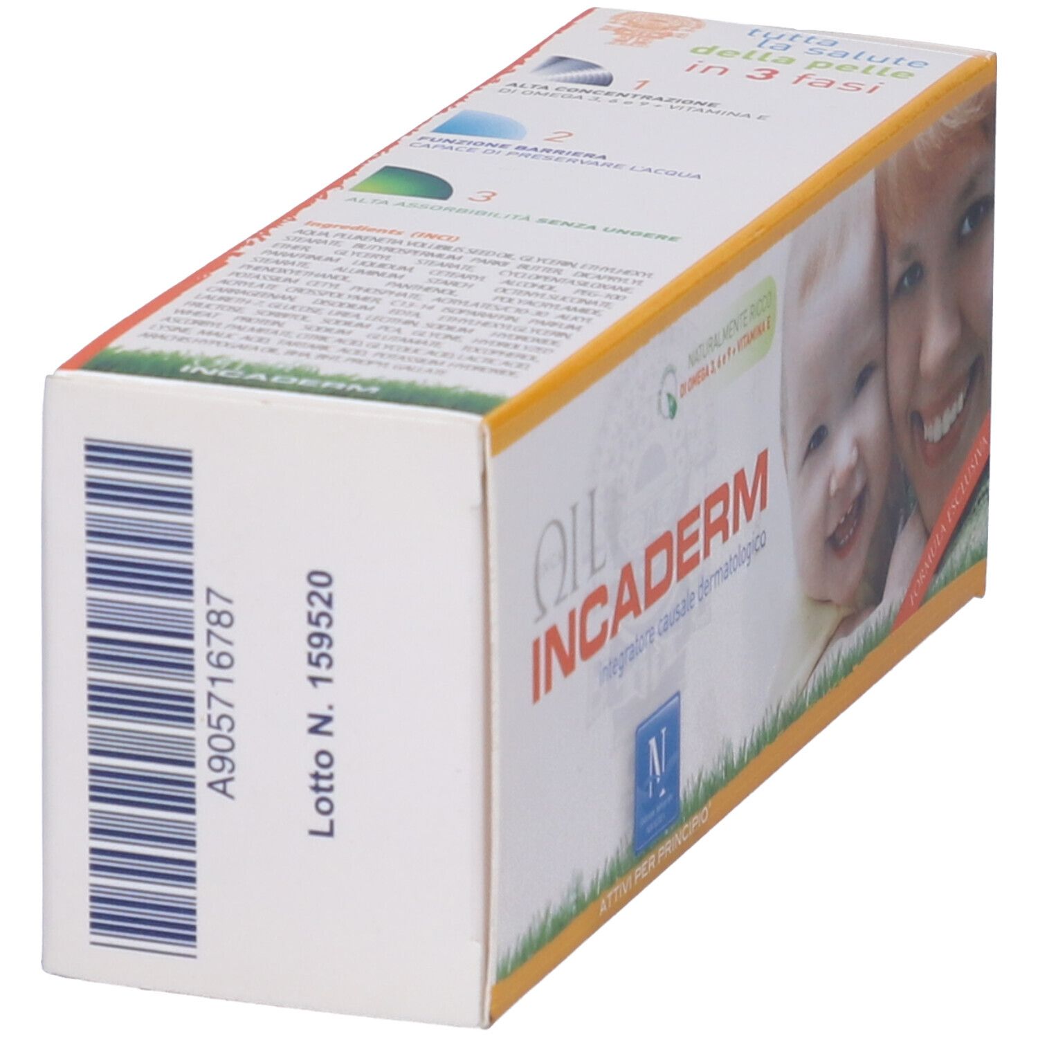 Confezione del prodotto. Scritta: Incaderm. Contiene Omega 3, 6, 9 e vitamina E. Vista laterale con testo.