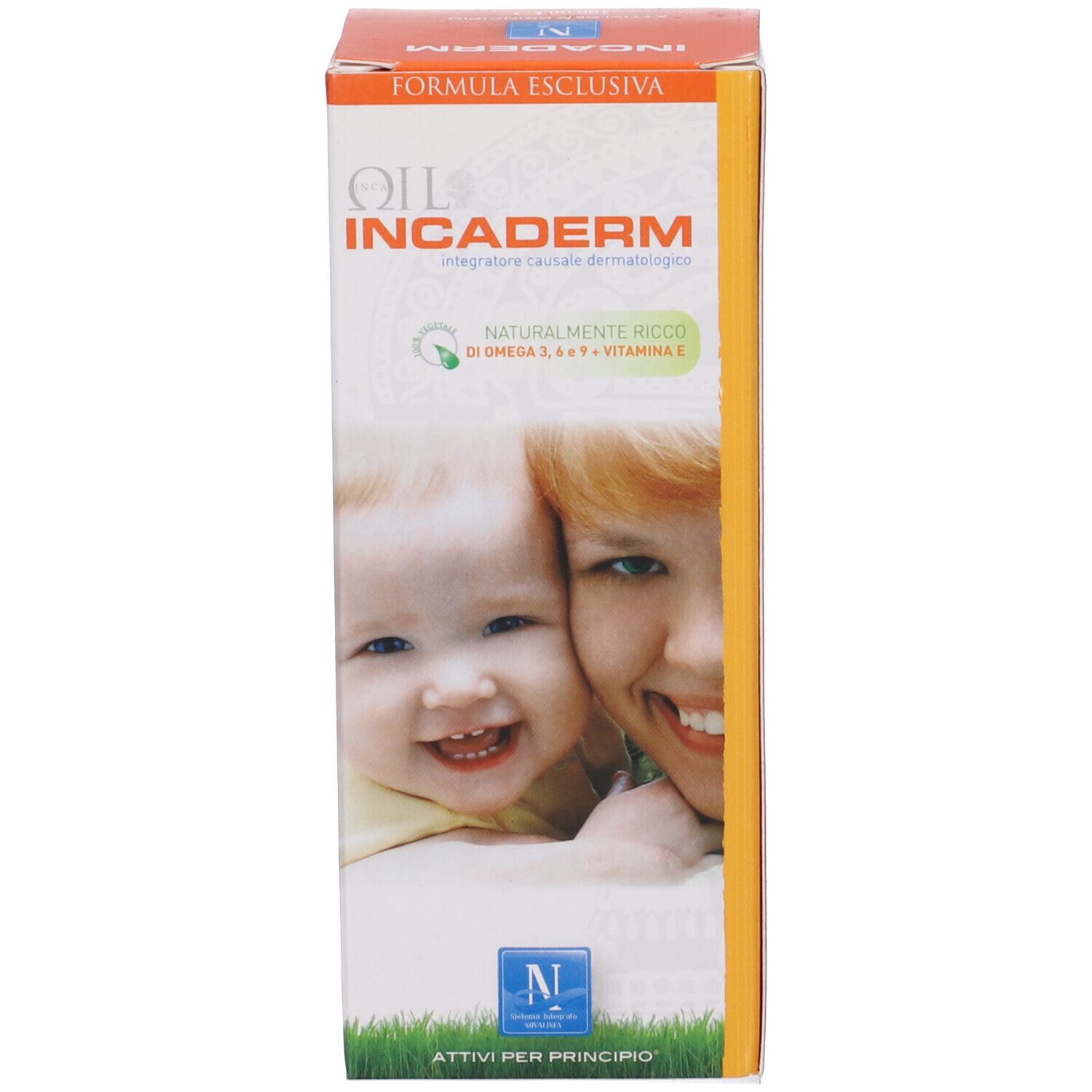 Confezione del prodotto. Scritta: Incaderm. Contiene Omega 3, 6, 9 e vitamina E. Immagine di madre e bambino.
