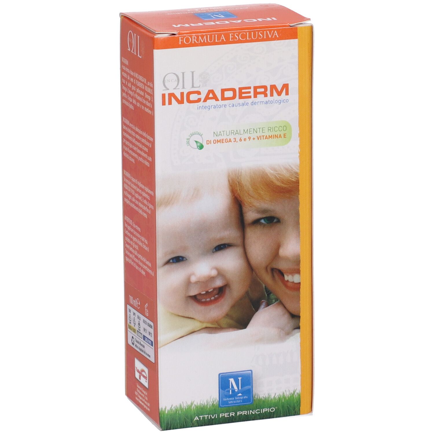 Confezione del prodotto. Scritta: Incaderm. Contiene Omega 3, 6, 9 e vitamina E. Immagine di madre e bambino.
