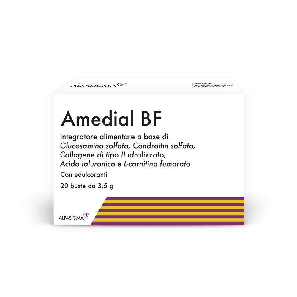 Scatola bianca con AMEDIAL BF. Contiene 20 bustine da 3,5 g. Marchio ALIFASIGMA.