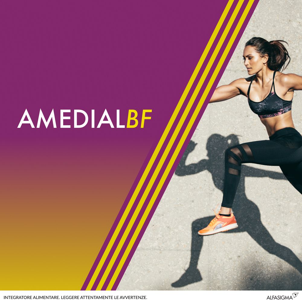 Donna sportiva che corre. Sfondo con AMEDIAL BF e logo ALIFASIGMA.