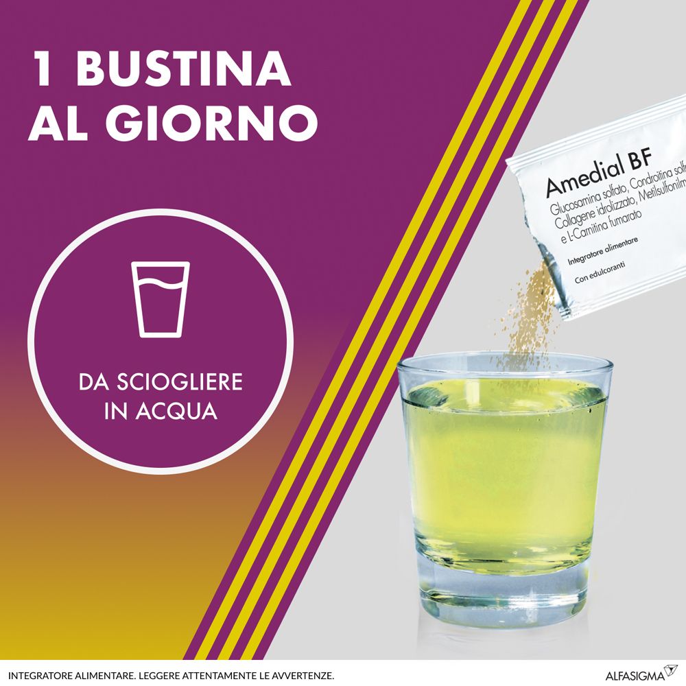 Grafica: Sciogliere 1 bustina al giorno in acqua. Bicchiere con liquido giallo e bustina AMEDIAL BF.