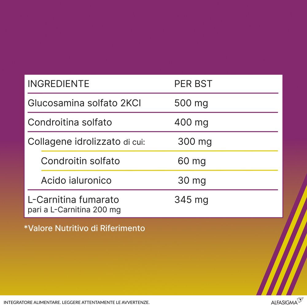 Tabella ingredienti: Glucosamina, Condroitina, Collagene idrolizzato, Acido ialuronico, L-Carnitina.