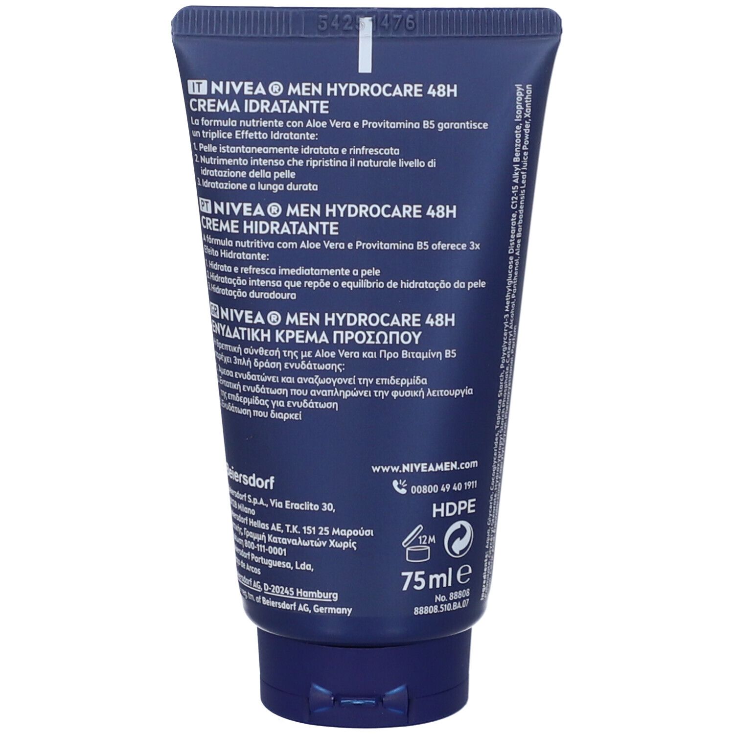 Retro del tubo blu. Testo multilingue. NIVEA MEN Hydrocare. 75ml. HDPE. Informazioni produttore.