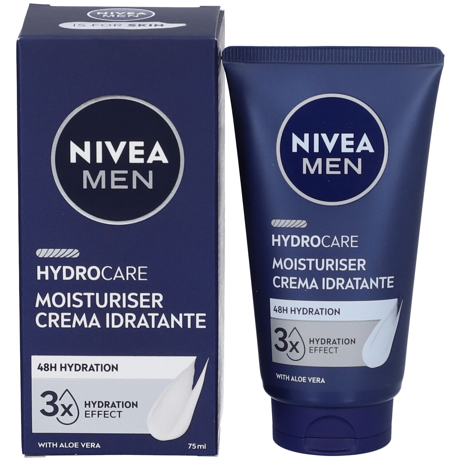 Confezione prodotto. NIVEA MEN Hydrocare Moisturiser Crema Idratante. 48h Hydration. Con Aloe Vera. 75ml. Scatola e tubo.