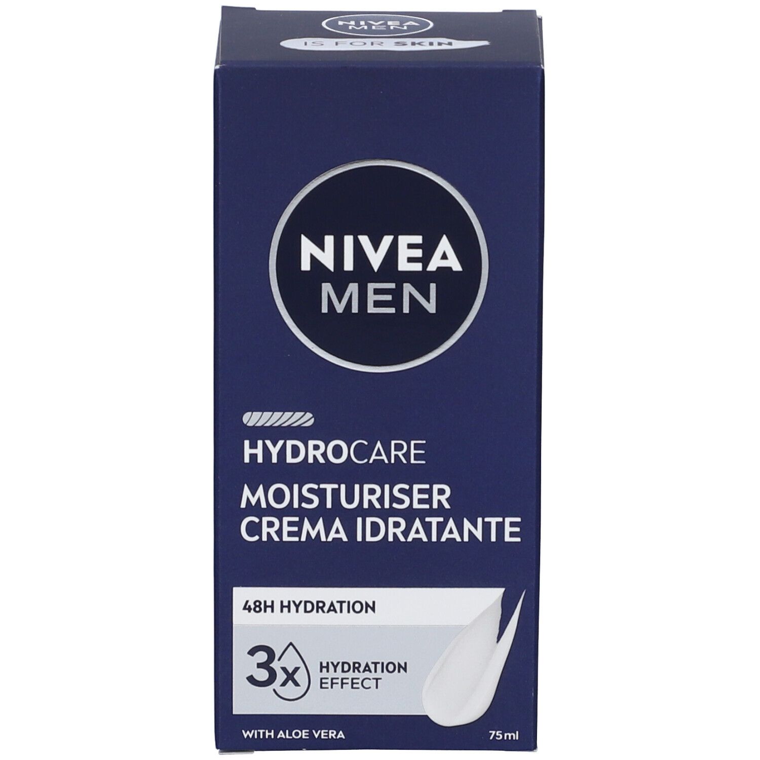 Confezione prodotto blu. NIVEA MEN Hydrocare Moisturiser Crema Idratante. 48h Hydration. Con Aloe Vera. 75ml.