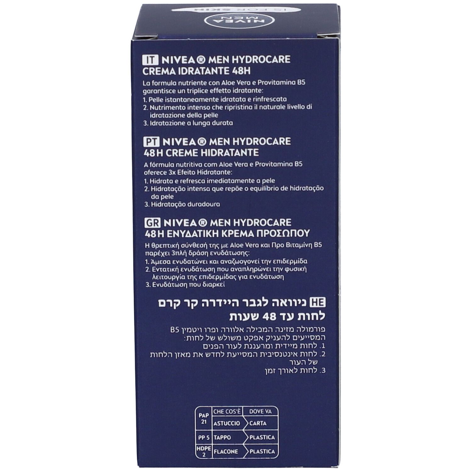 Retro della confezione. Testo multilingue. NIVEA MEN Hydrocare. Ingredienti. 75ml.