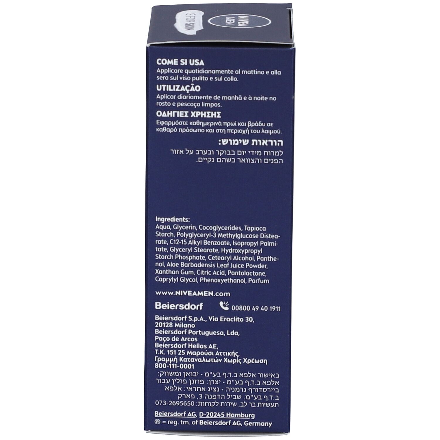 Retro della confezione. Istruzioni per l'uso. Ingredienti. Contatti. NIVEA MEN.