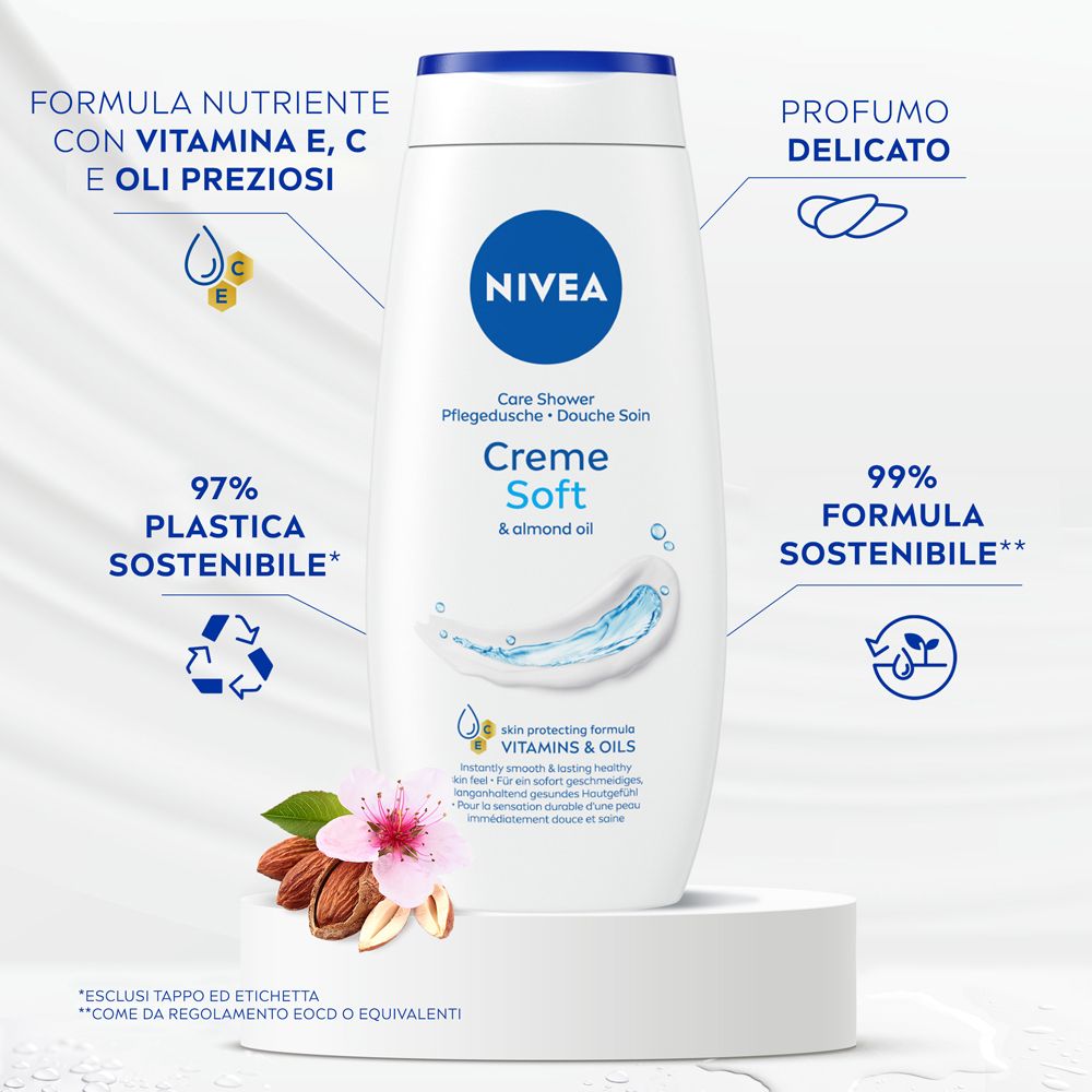 Nivea Bagnodoccia Creme Soft 250 ml, Bagnoschiuma cremoso con Olio di Mandorla delicato e Idratante