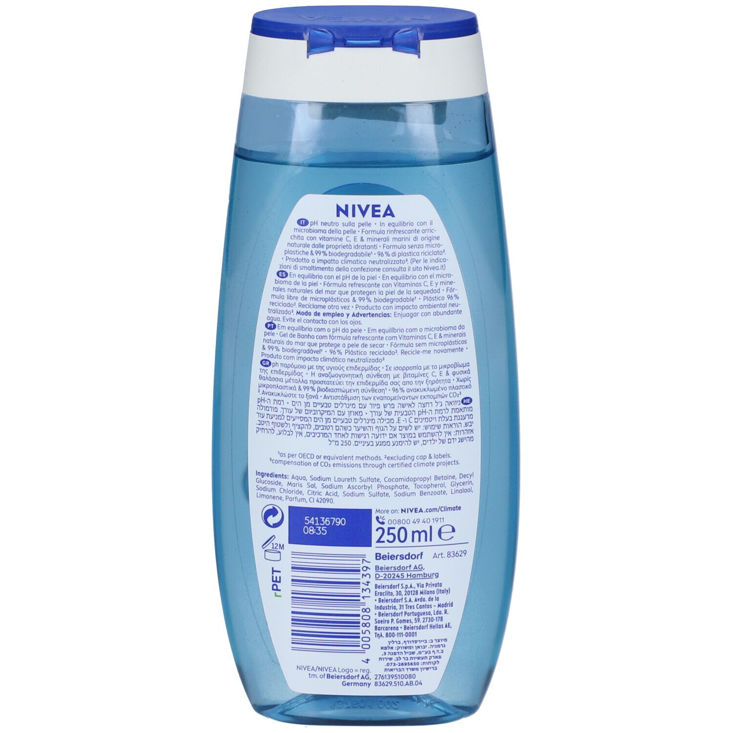 Retro di un flacone blu trasparente. Testo in più lingue. Scritta NIVEA. Volume: 250 ml.