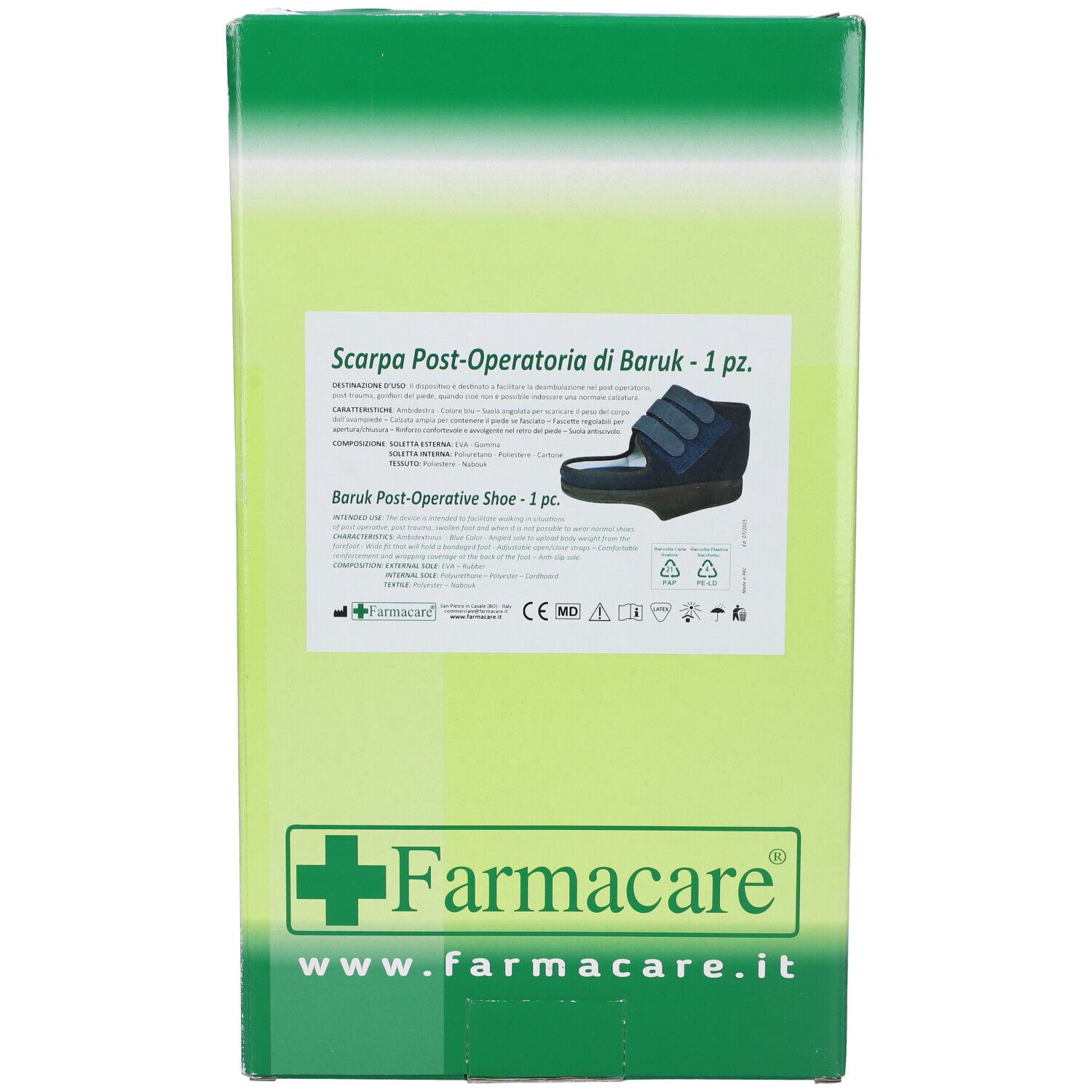 Fronte della confezione Scarpa Post-Operatoria di Baruk. Immagine e testo del prodotto. Marchio Farmacare.