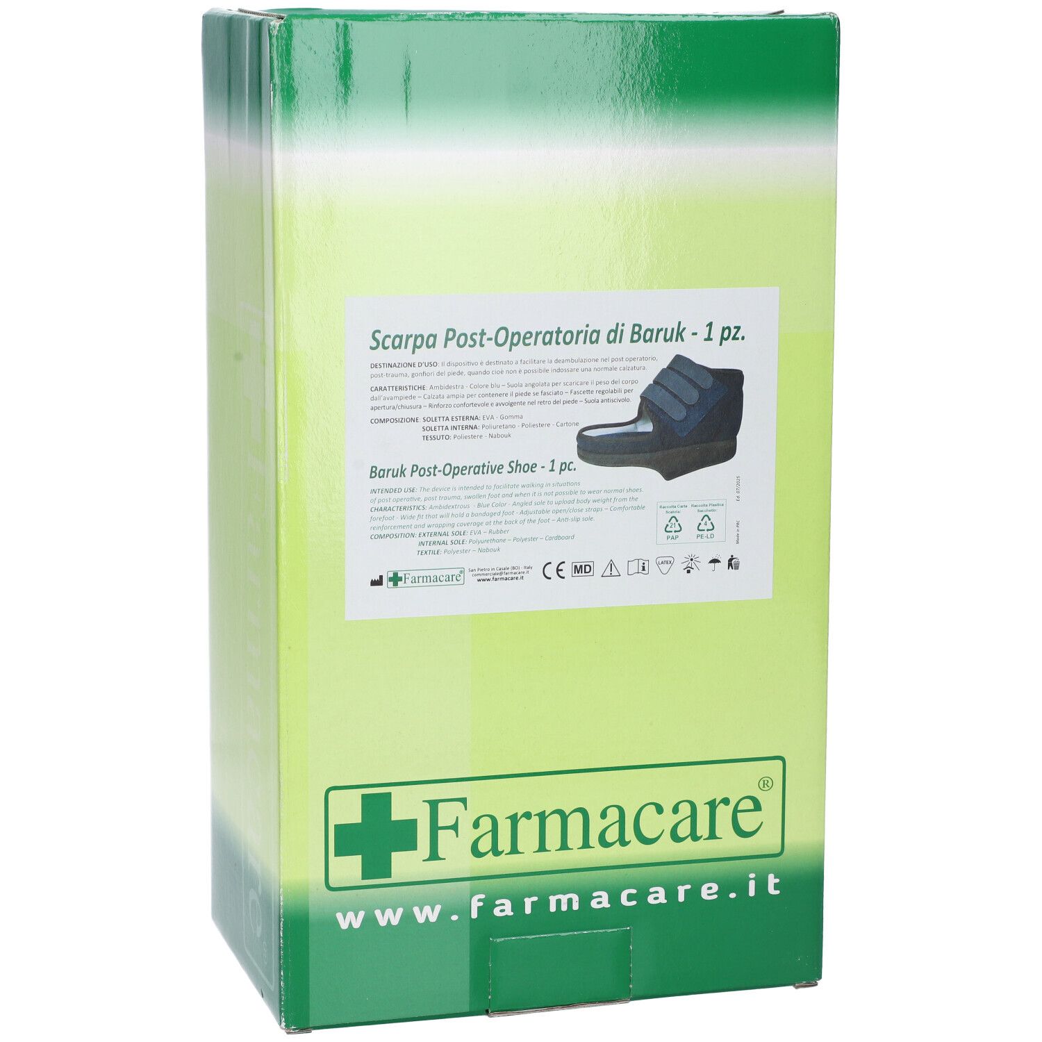 Fronte della confezione Scarpa Post-Operatoria di Baruk. Immagine e testo del prodotto. Marchio Farmacare.