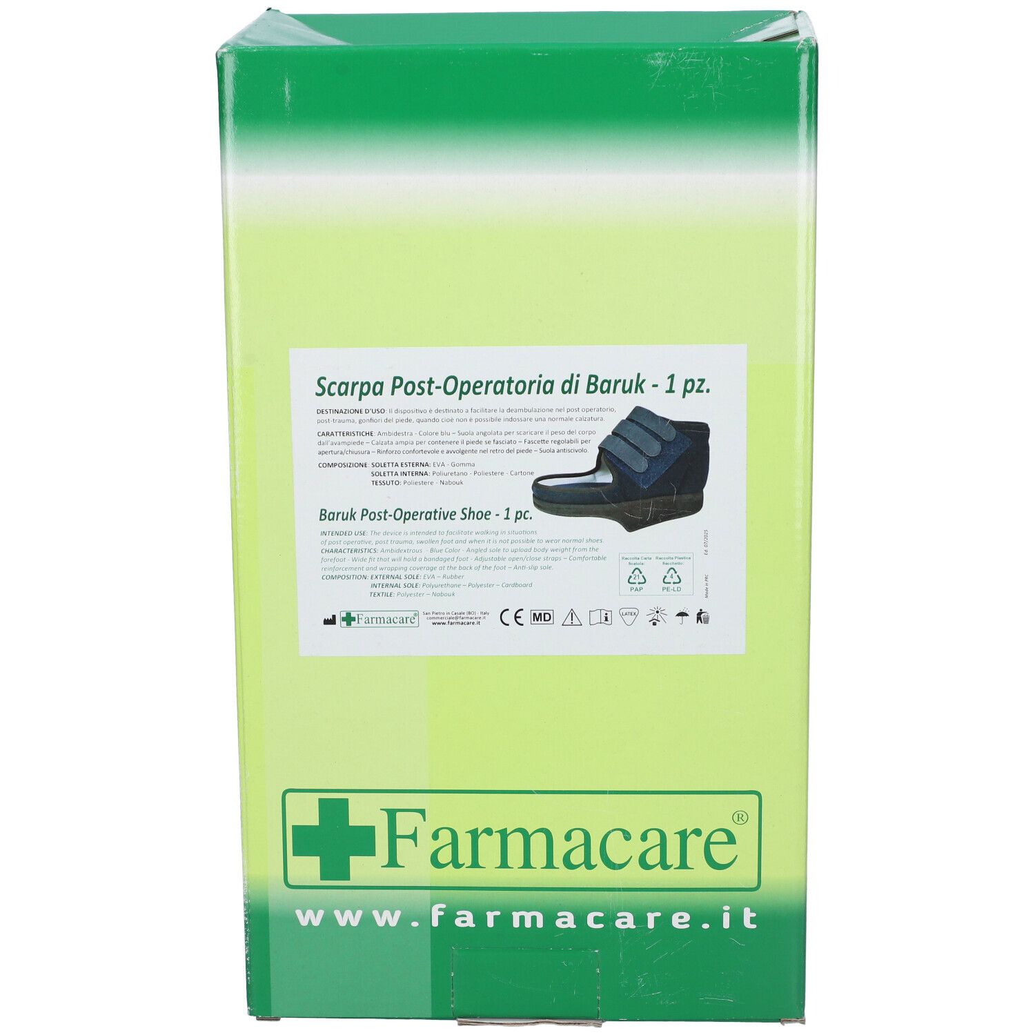 Fronte della scatola Scarpa Postoperatoria Baruk. Scatola verde e bianca con immagine del prodotto, testo e logo Farmacare.