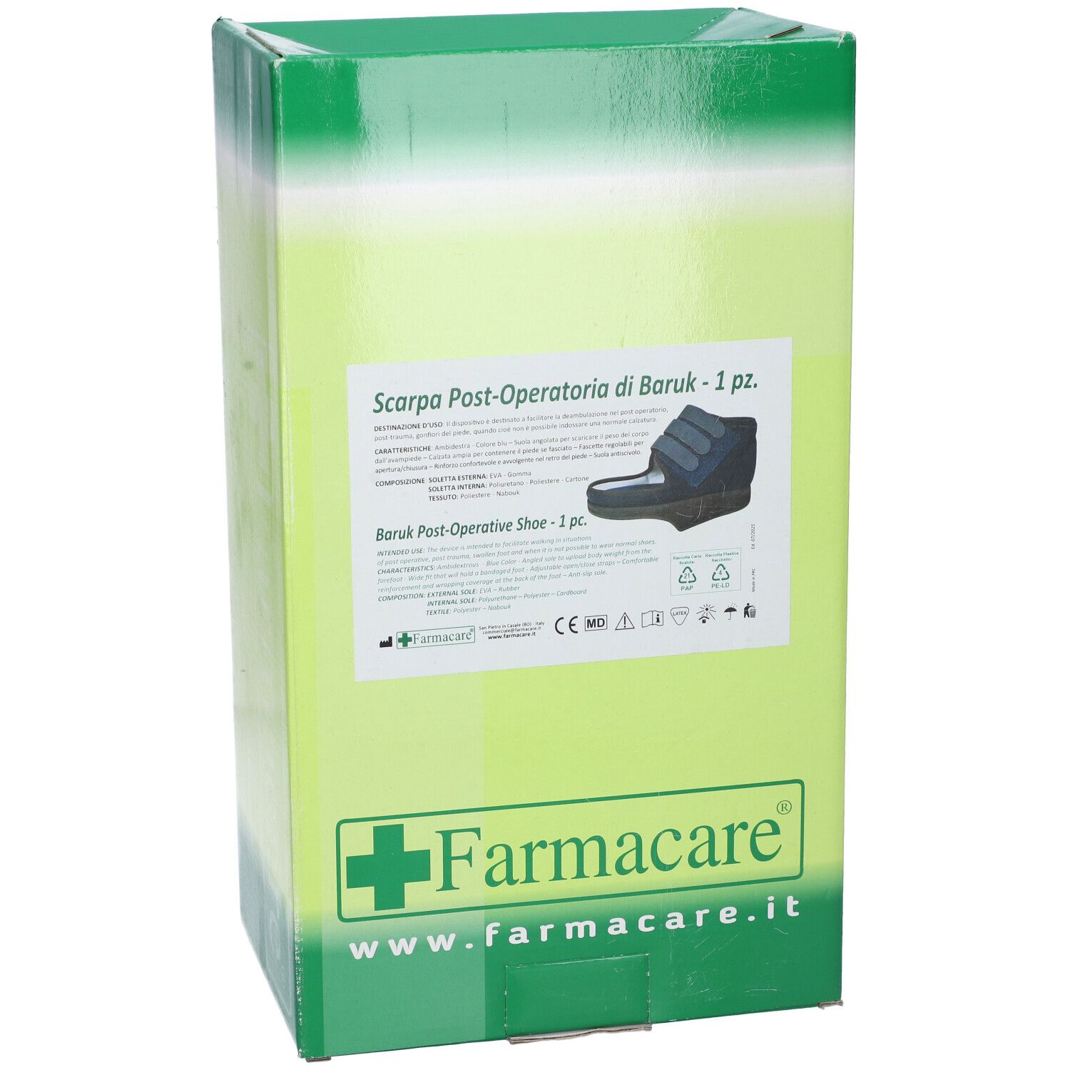 Fronte della scatola Scarpa Postoperatoria Baruk. Scatola verde e bianca con immagine del prodotto, testo e logo Farmacare.