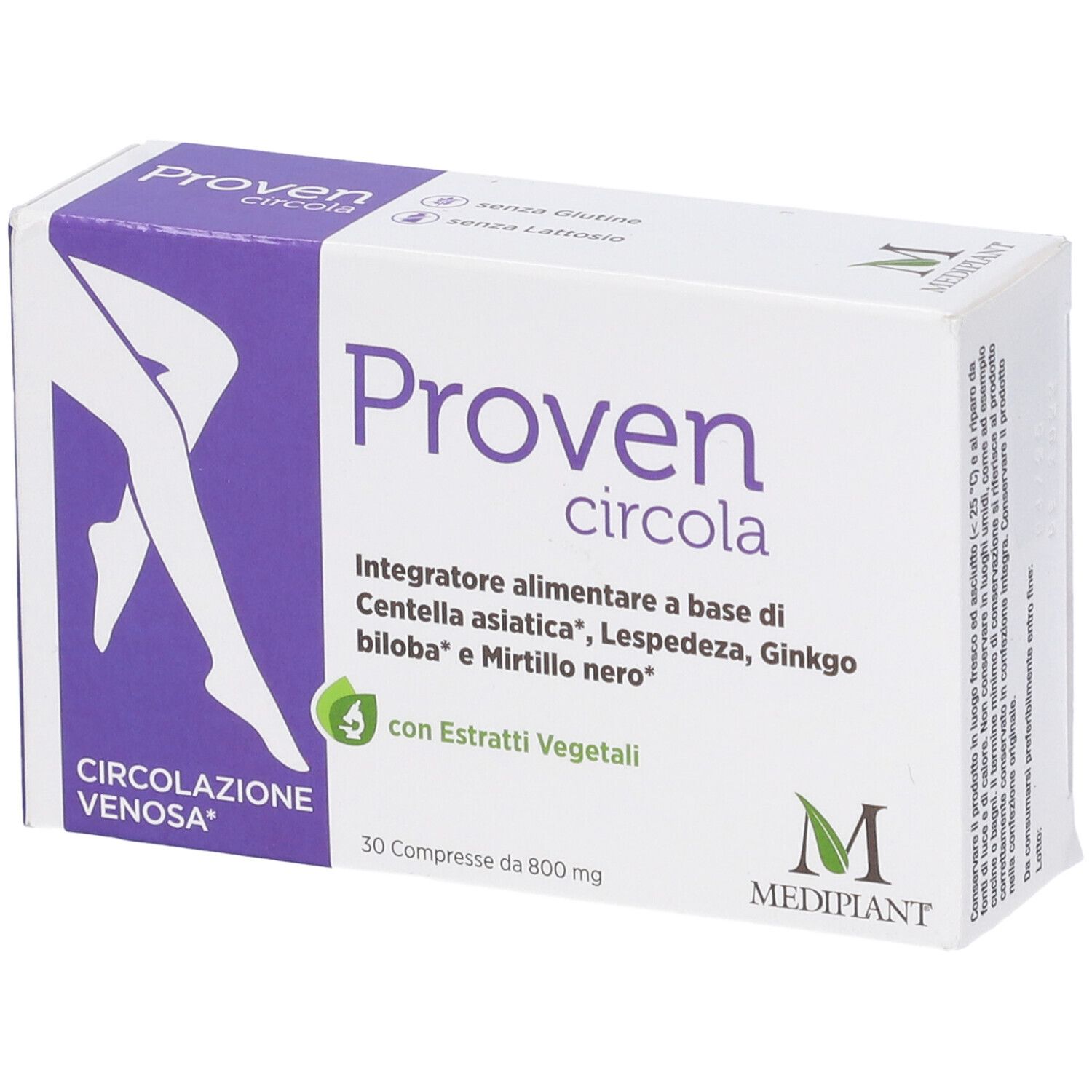 Confezione Proven Circola. Bianca con accenti viola. Contiene 30 compresse. Scritta: Circolazione Venosa. Con estratti vegetali.
