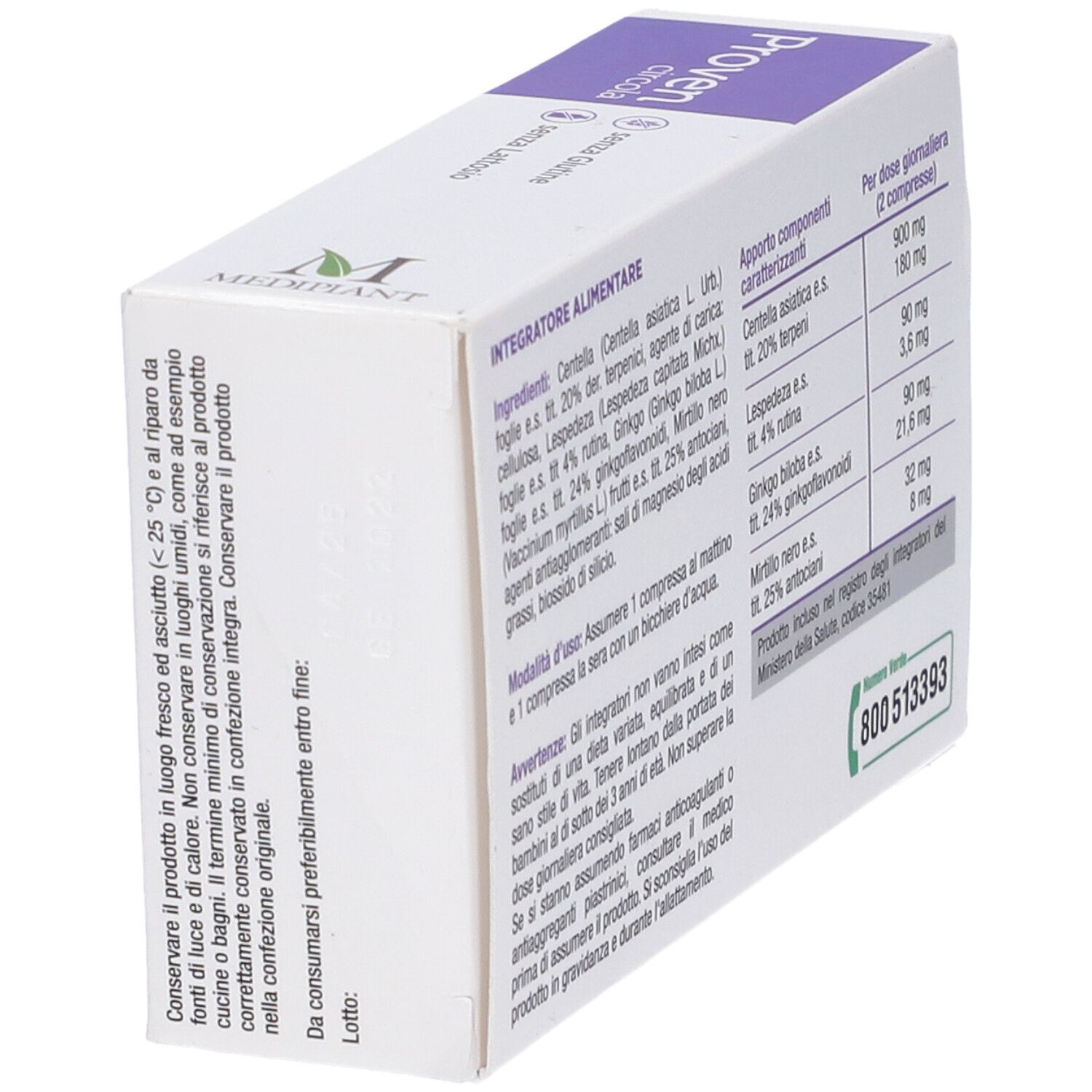 Confezione Proven Circola. Retro con informazioni sugli ingredienti e il dosaggio. Contiene 30 compresse. Scritta: Circolazione Venosa. Estratti.