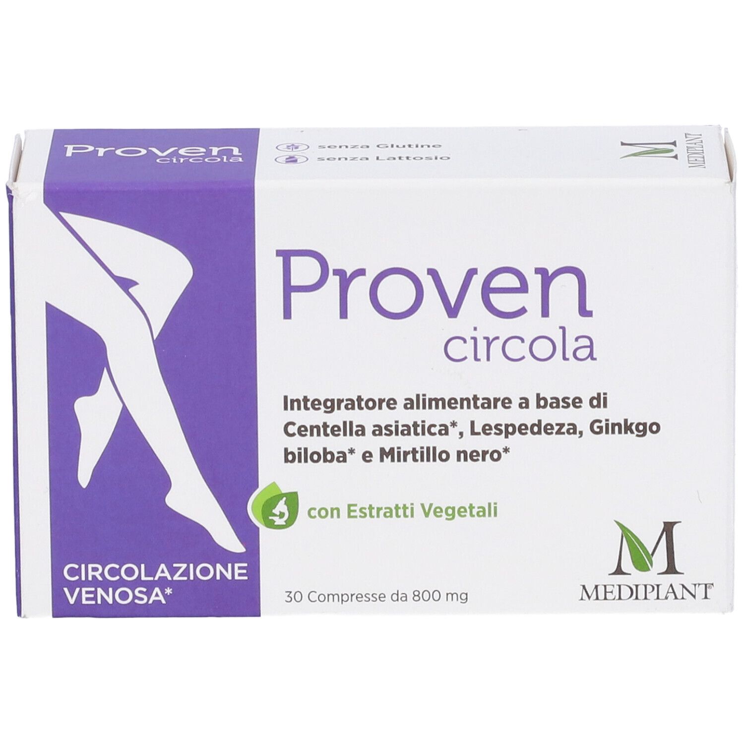 Confezione Proven Circola. Bianca con accenti viola. Contiene 30 compresse. Scritta: Circolazione Venosa. Con estratti vegetali.