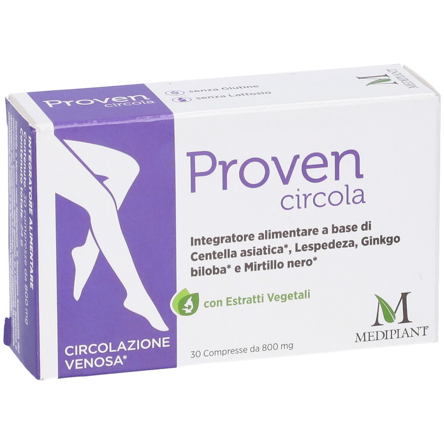 Confezione Proven Circola. Bianca con accenti viola. Contiene 30 compresse. Scritta: Circolazione Venosa. Con estratti vegetali.