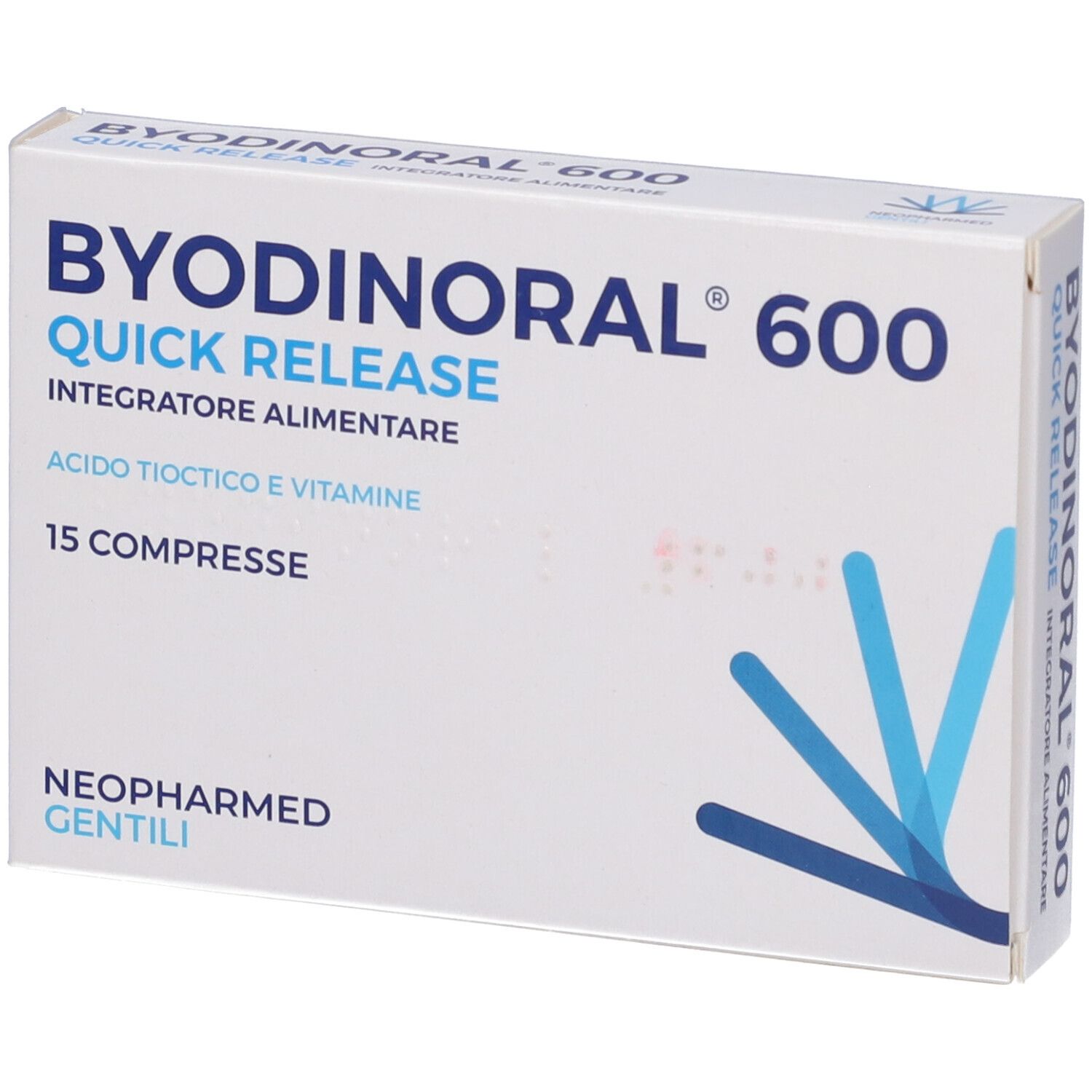 Scatola Byodinoral 600, Quick Release. 15 compresse. Confezione bianca con linee blu.