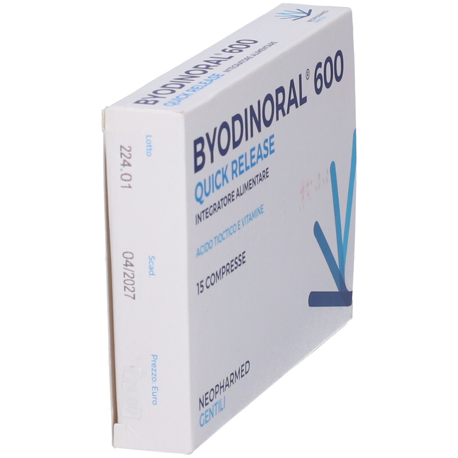 Scatola Byodinoral 600, Quick Release. Confezione bianca con linee blu. Vista laterale.
